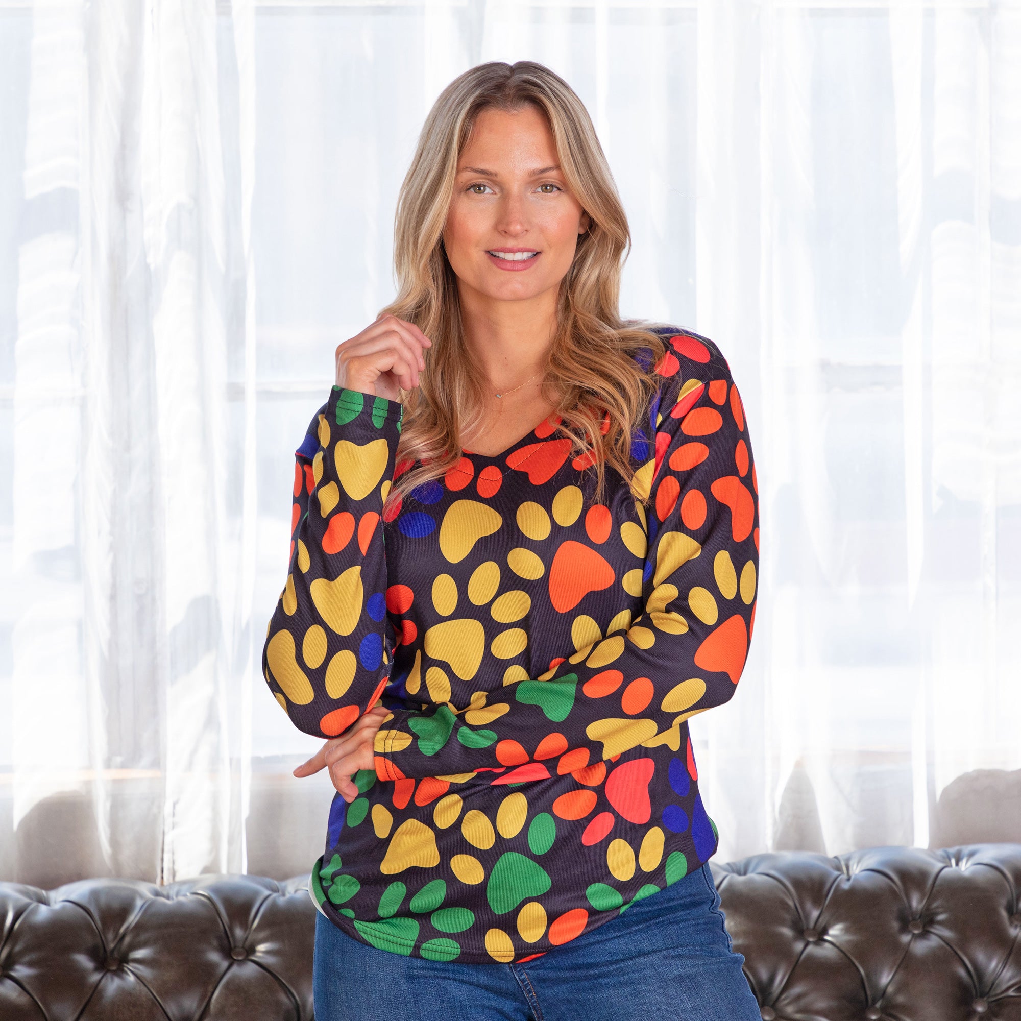 Colorful Paw Print Long Sleeve V-Neck Top - L