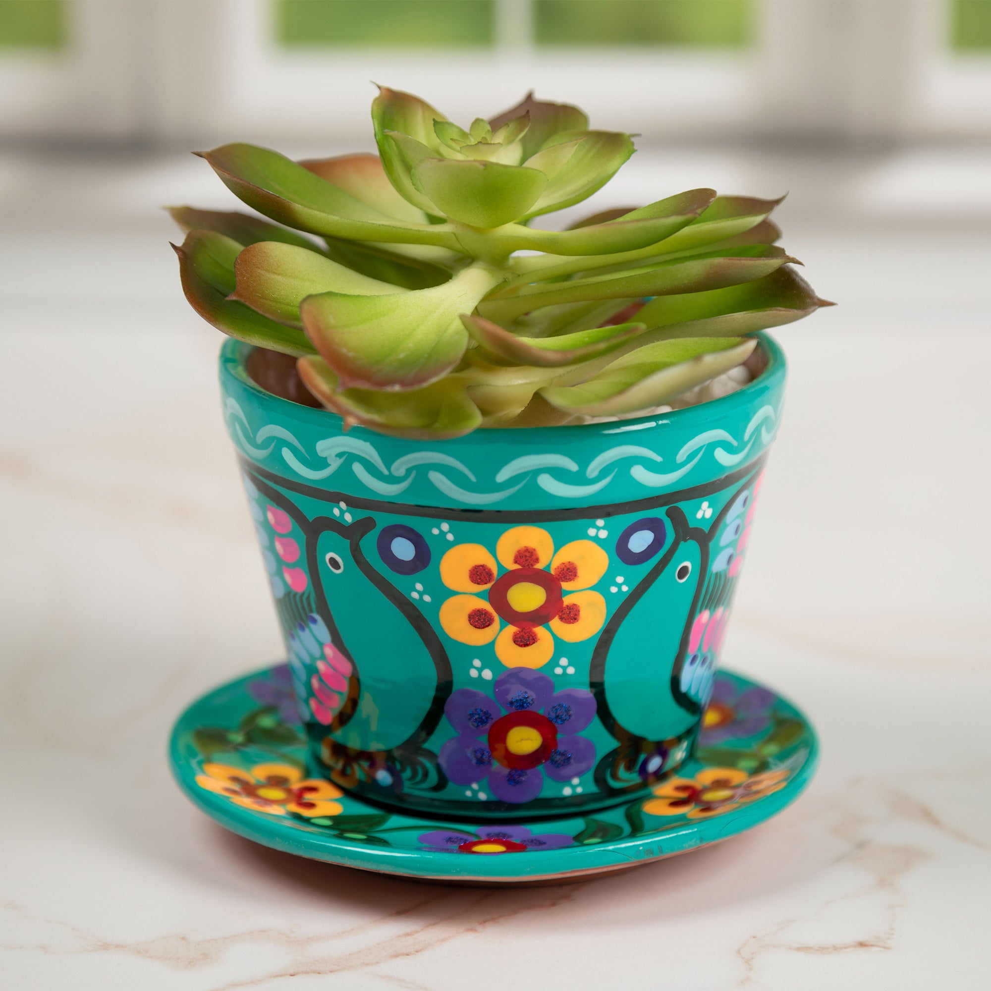 Fiesta Hand Painted Small Ceramic Planter - Aqua - Plate & Pot
