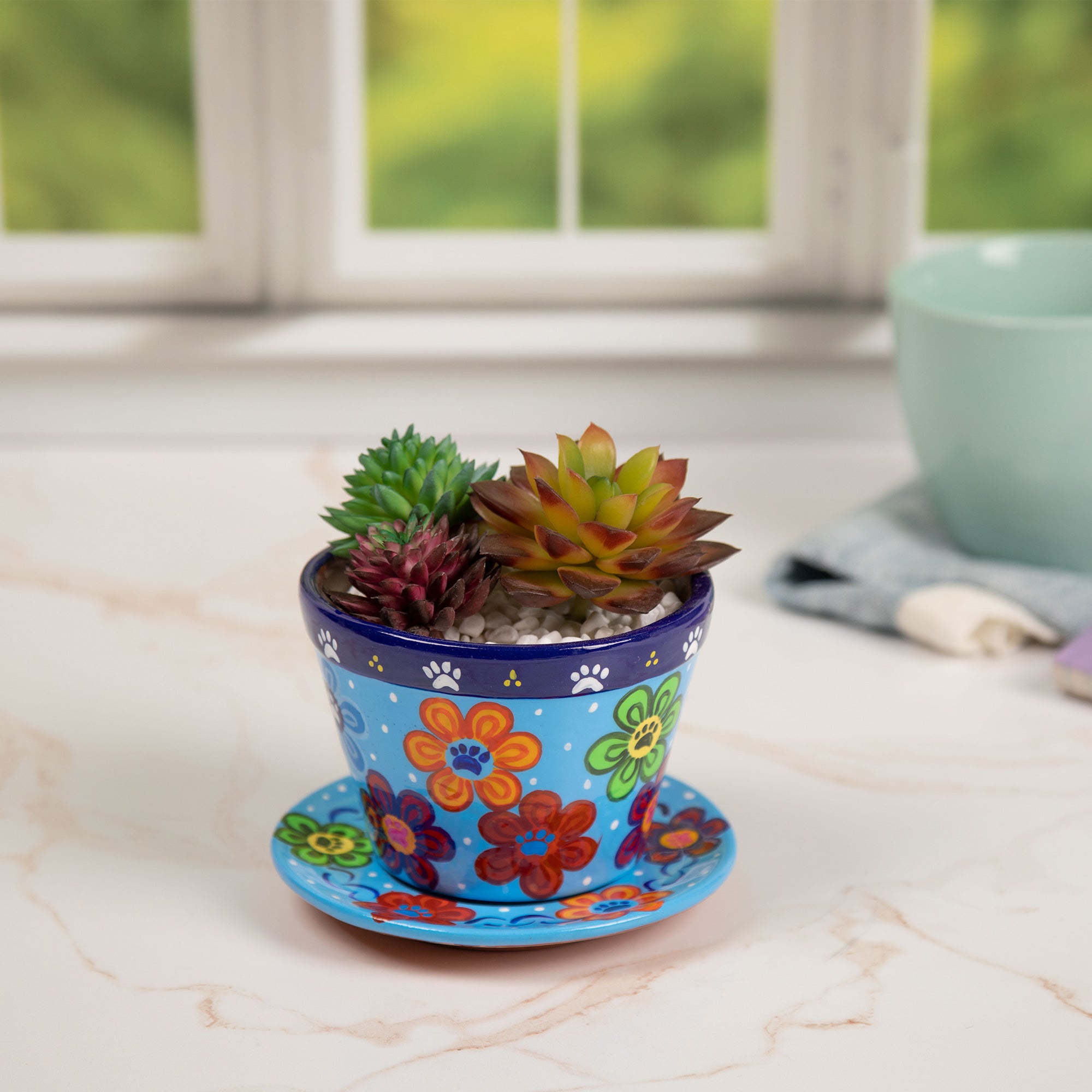 Hand Painted Paws & Flowers Ceramic Small Planter - Blue - Pot Only