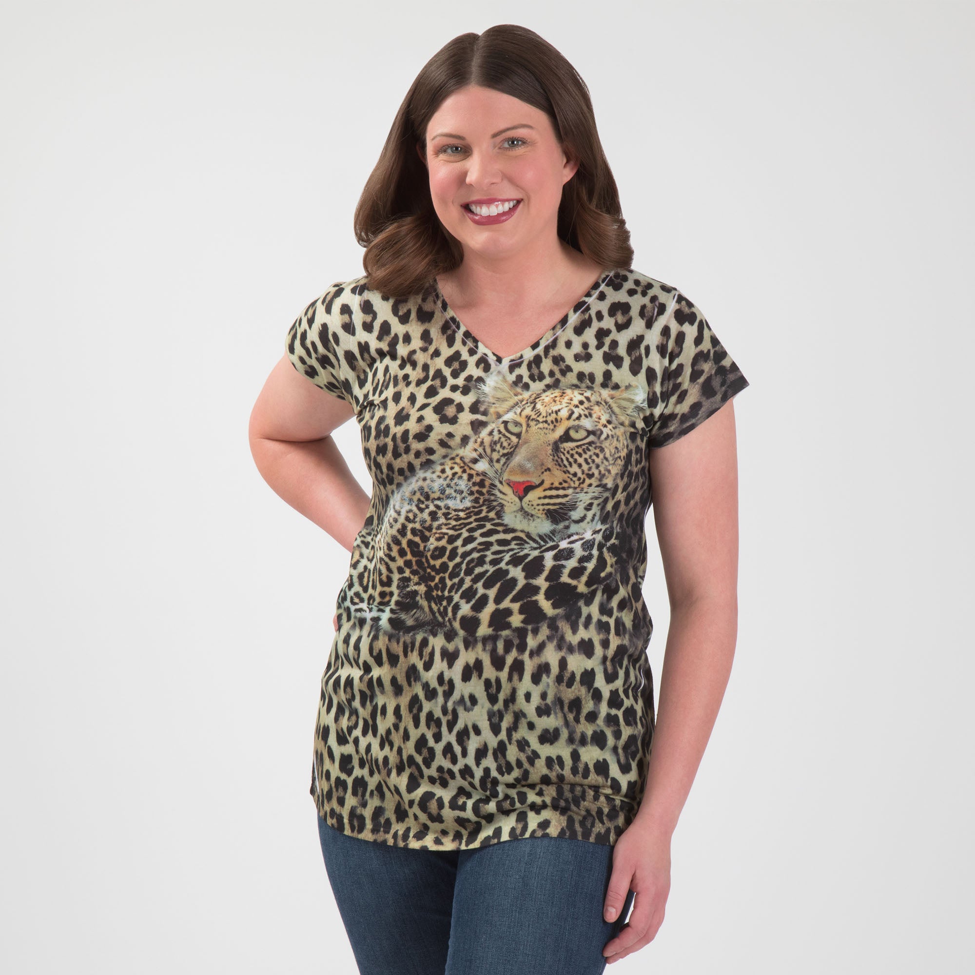 Leopard Short Sleeve V-Neck Top - S