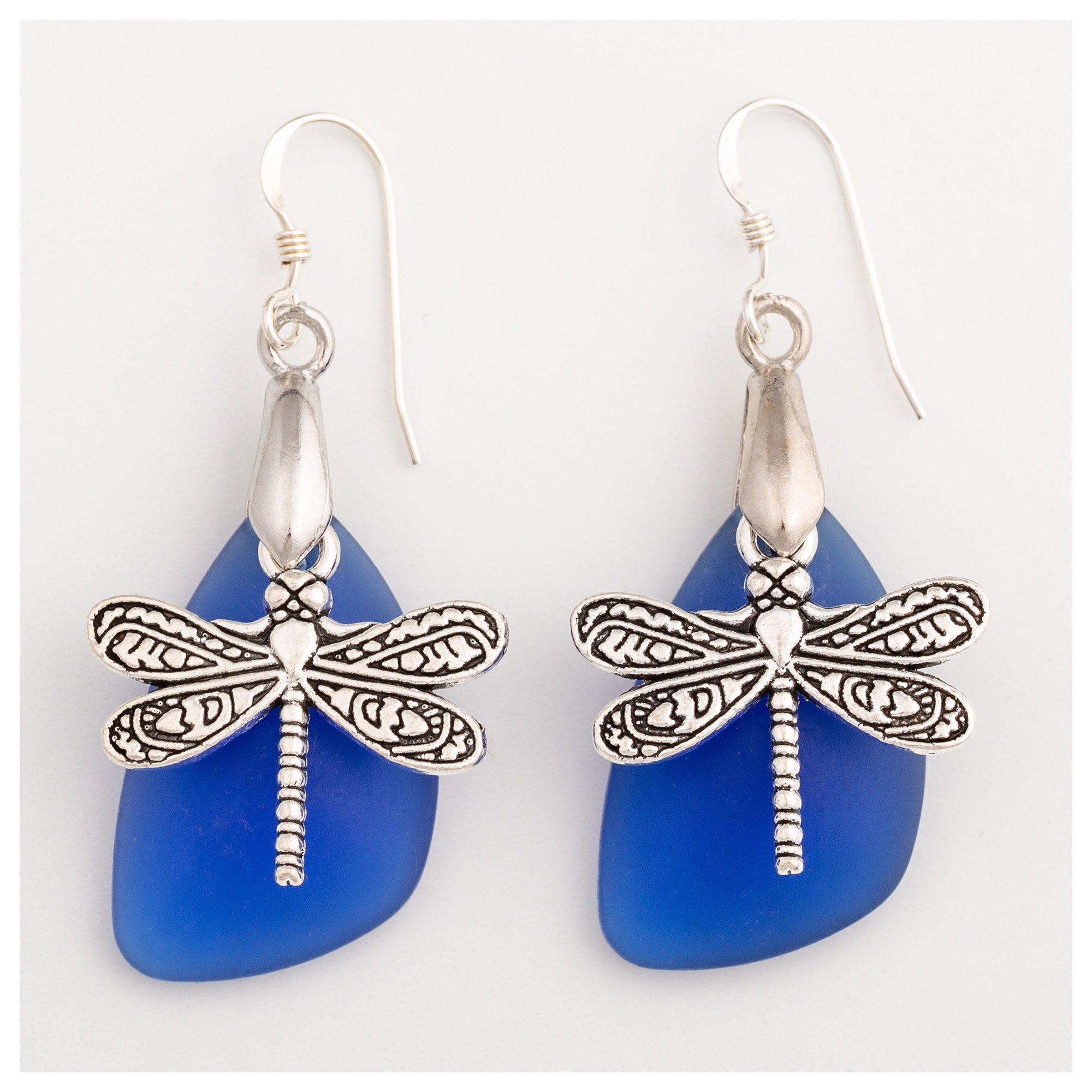 Dragonfly Sea Glass Earrings - Cobalt