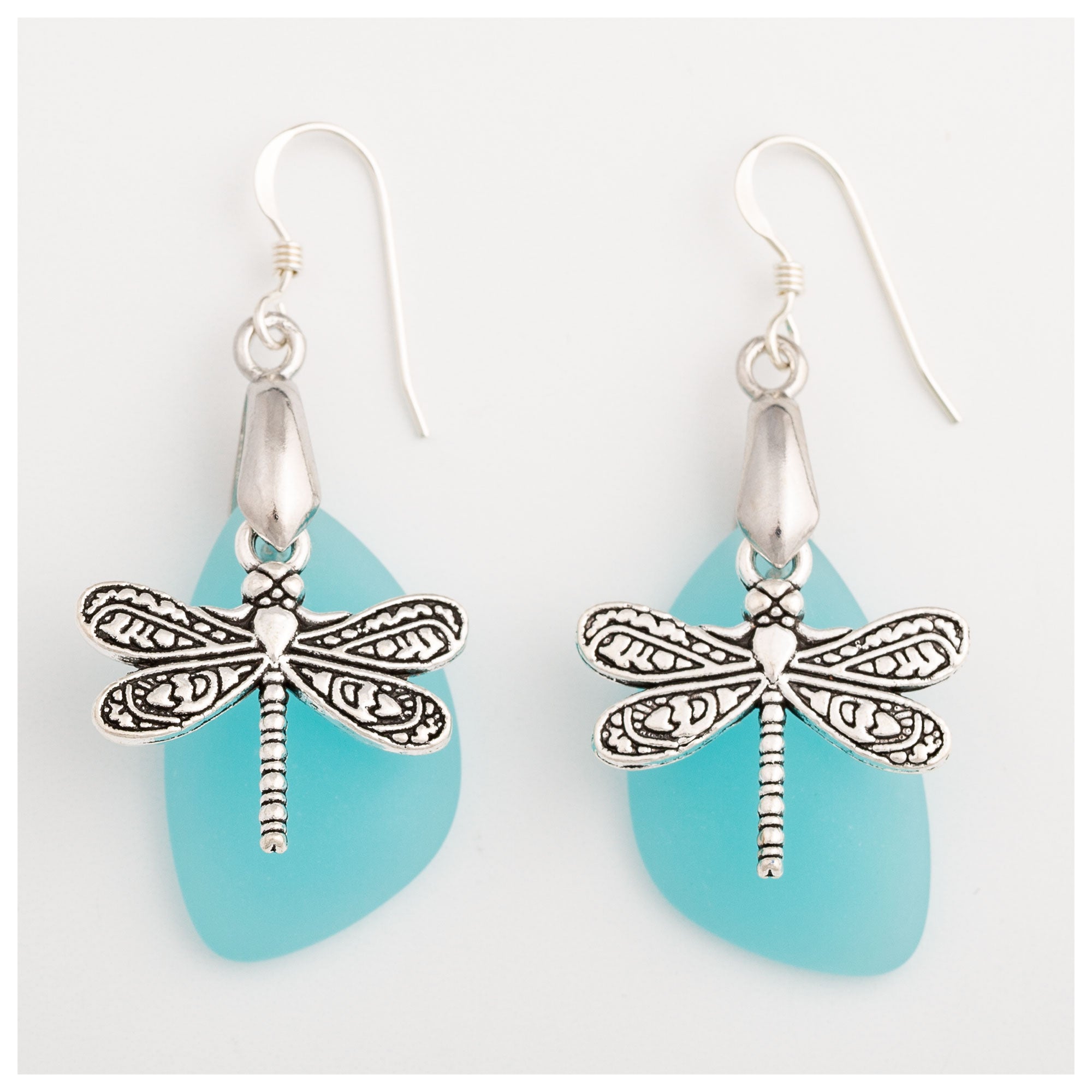 Dragonfly Sea Glass Earrings - Aqua