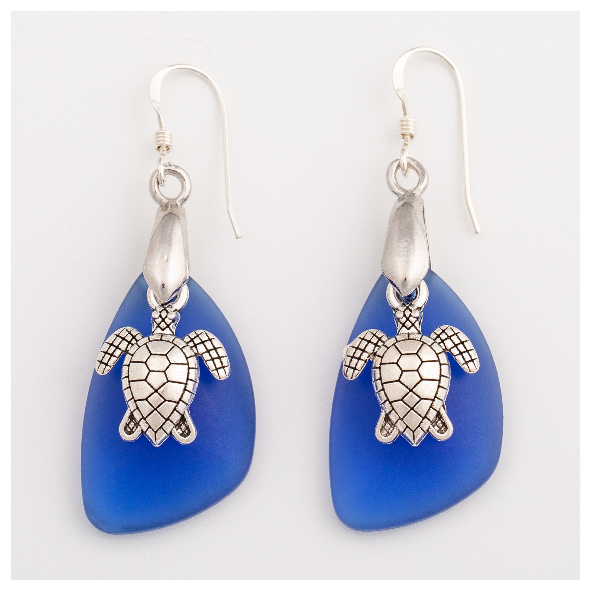 Sea Turtle Sea Glass Earrings - Cobalt