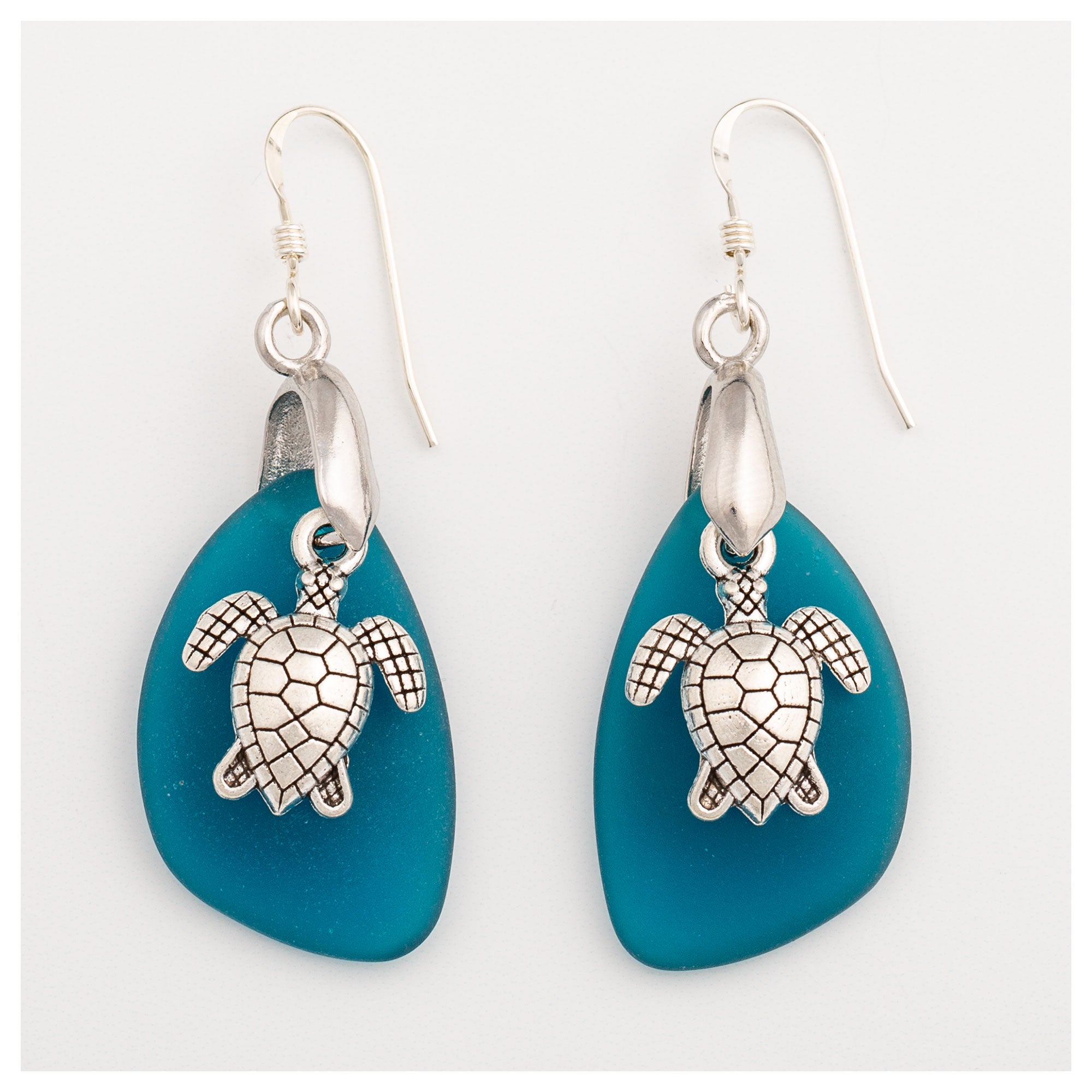 Sea Turtle Sea Glass Earrings - Teal
