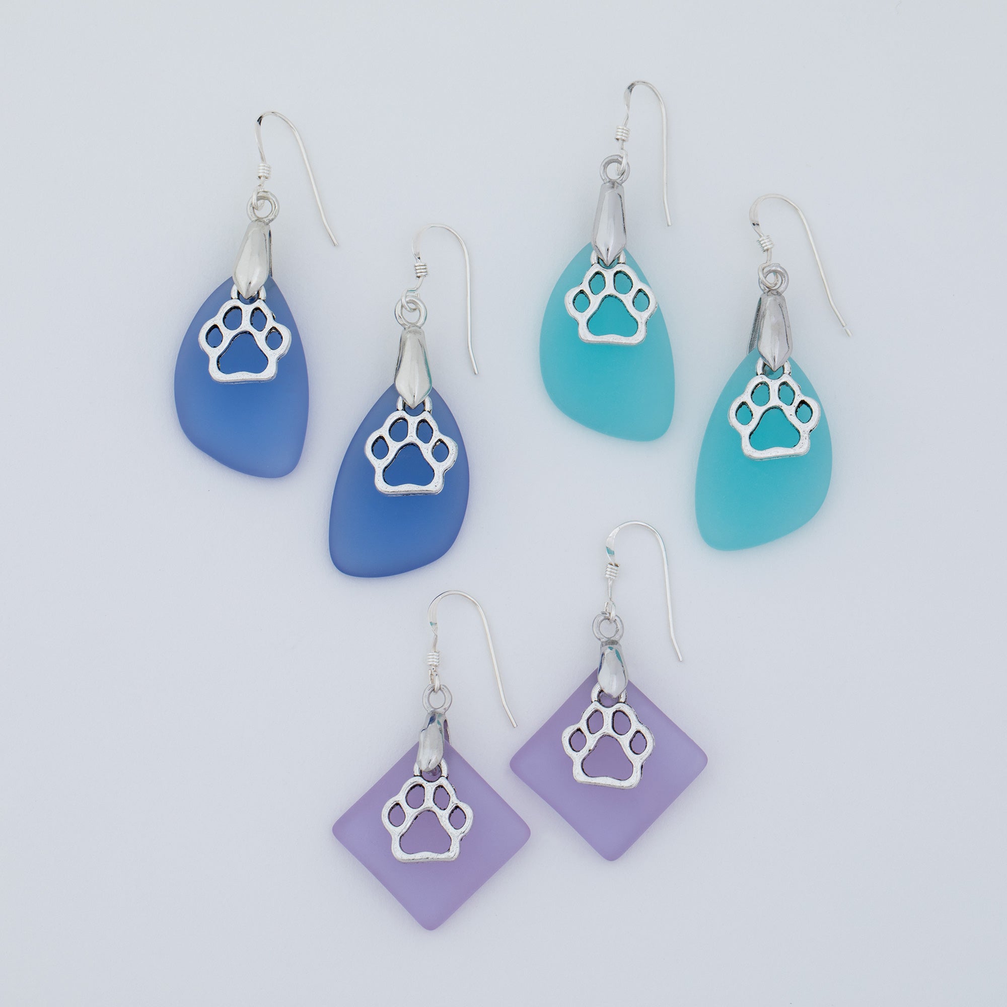Paw Print Sea Glass Earrings - Blue