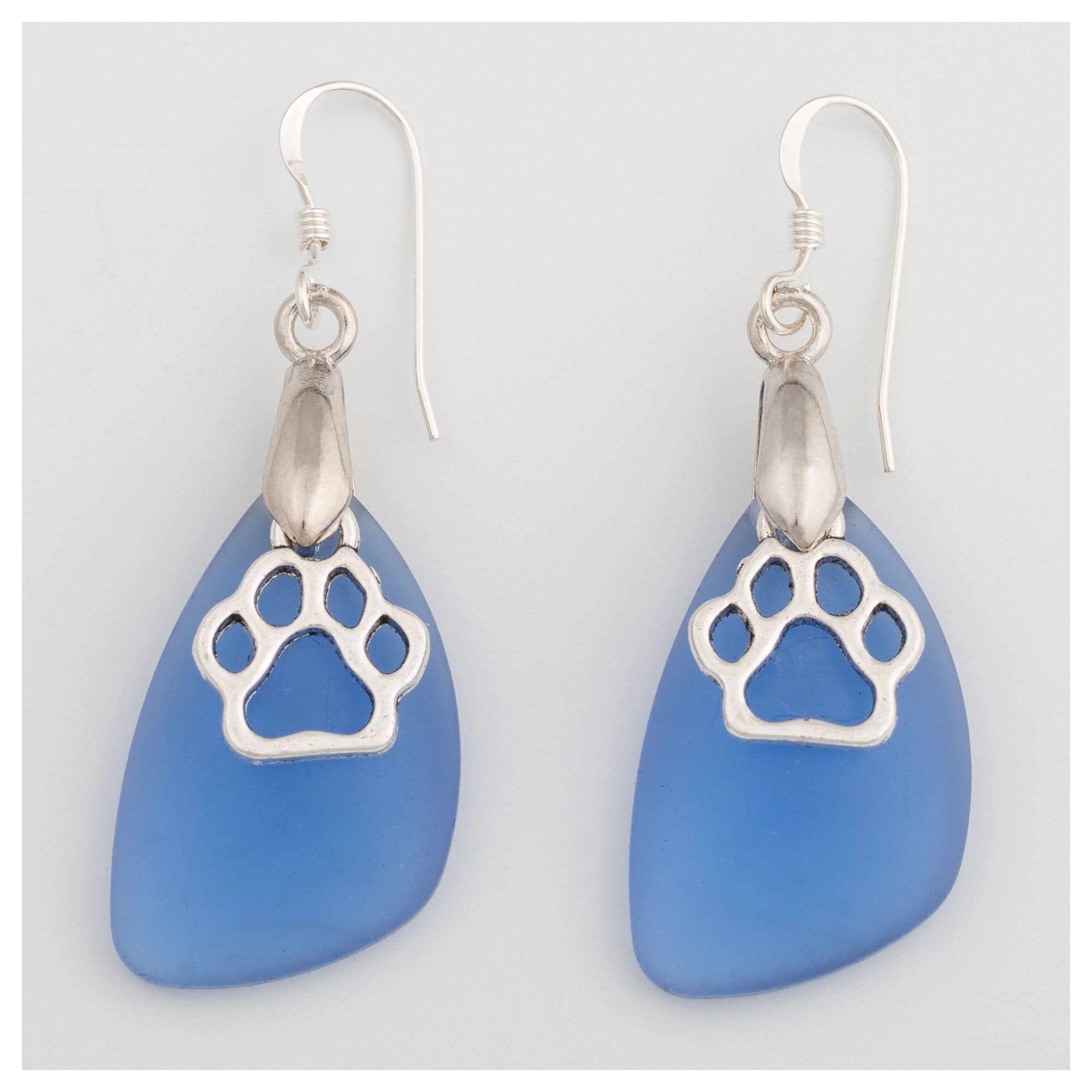 Paw Print Sea Glass Earrings - Blue