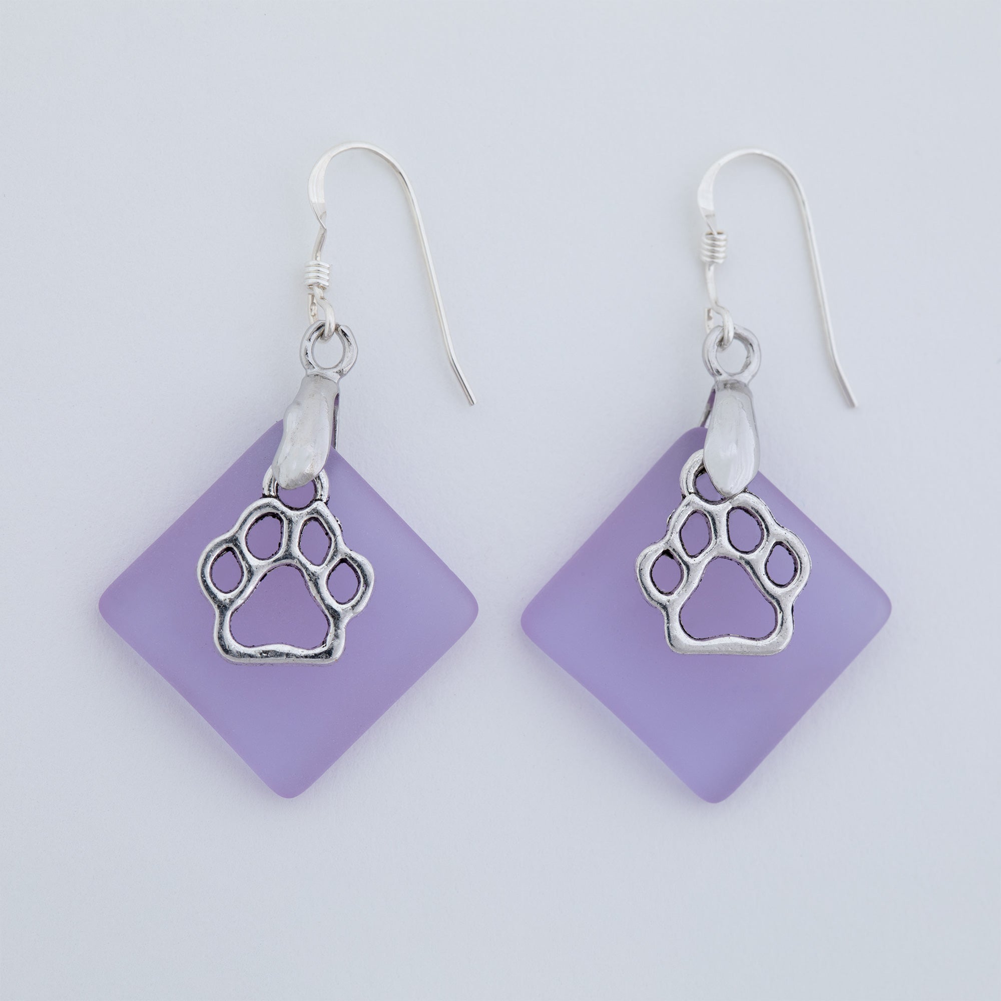 Paw Print Sea Glass Earrings - Purple Square