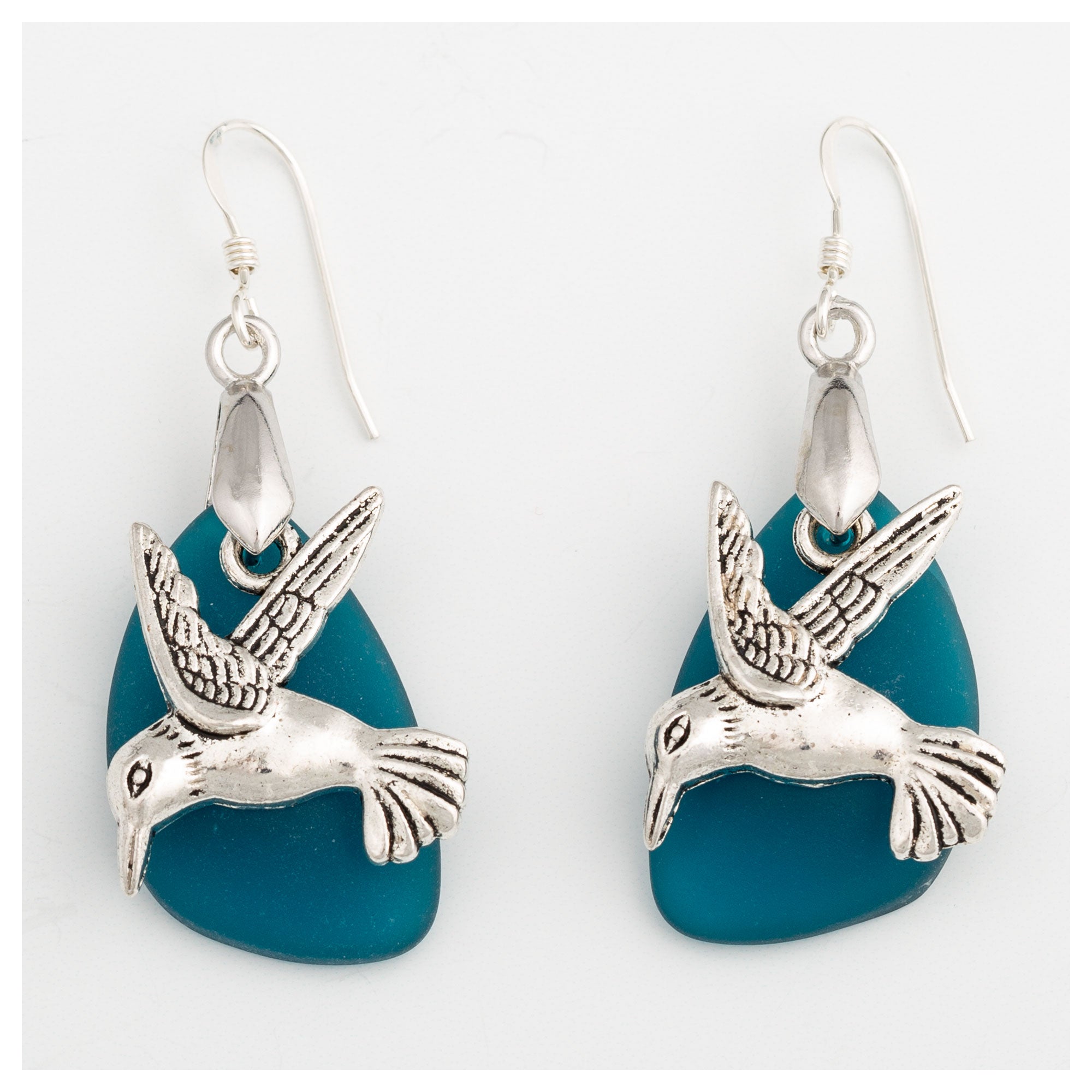 Hummingbird Sea Glass Earrings - Teal