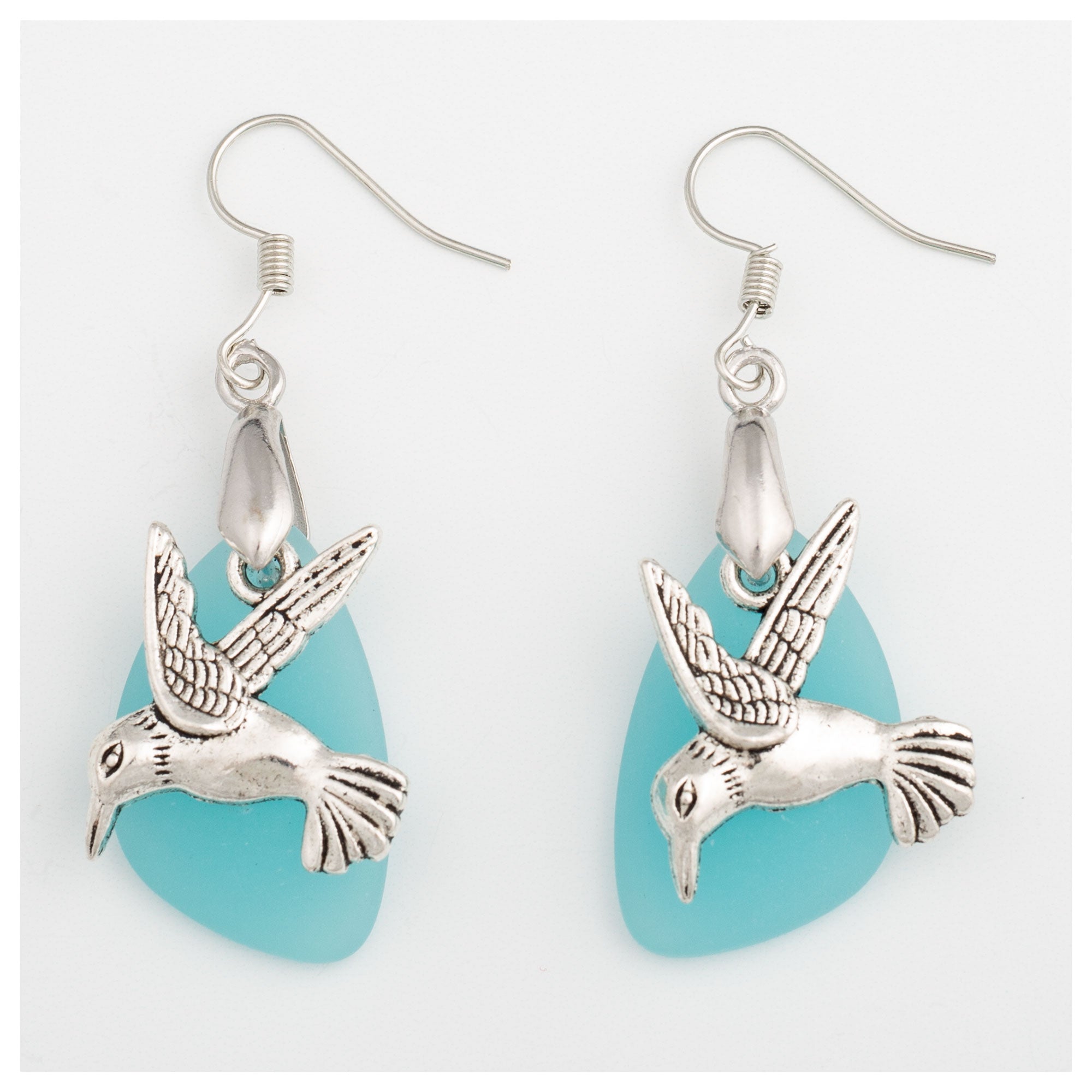 Hummingbird Sea Glass Earrings - Aqua