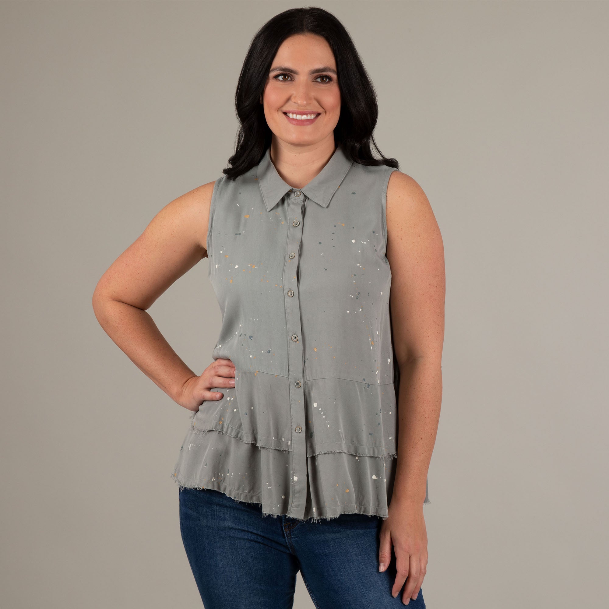 Speckled Sleeveless Button Up Peplum Top - Sage - S