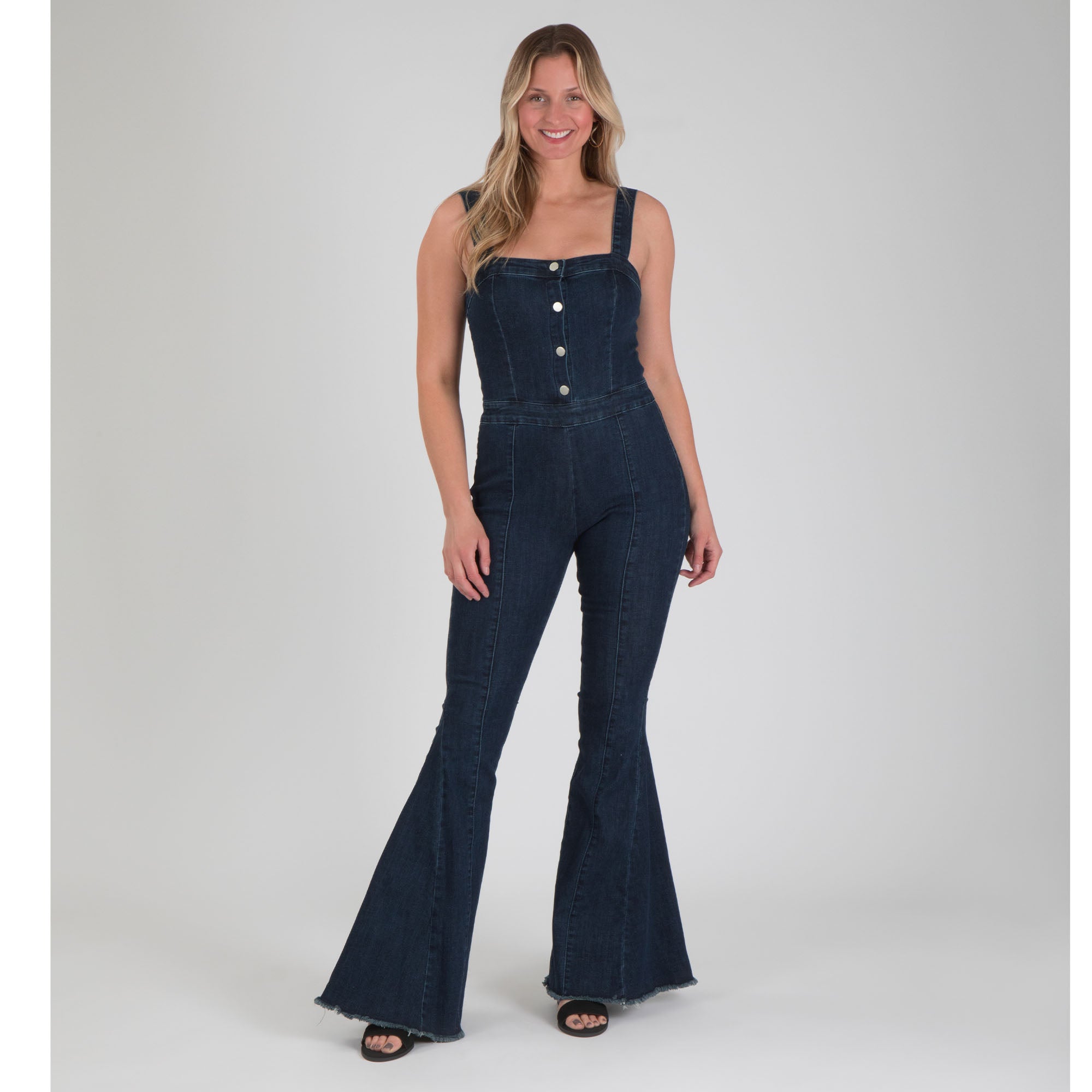 Denim Flare Leg Button Up Jumpsuit - L