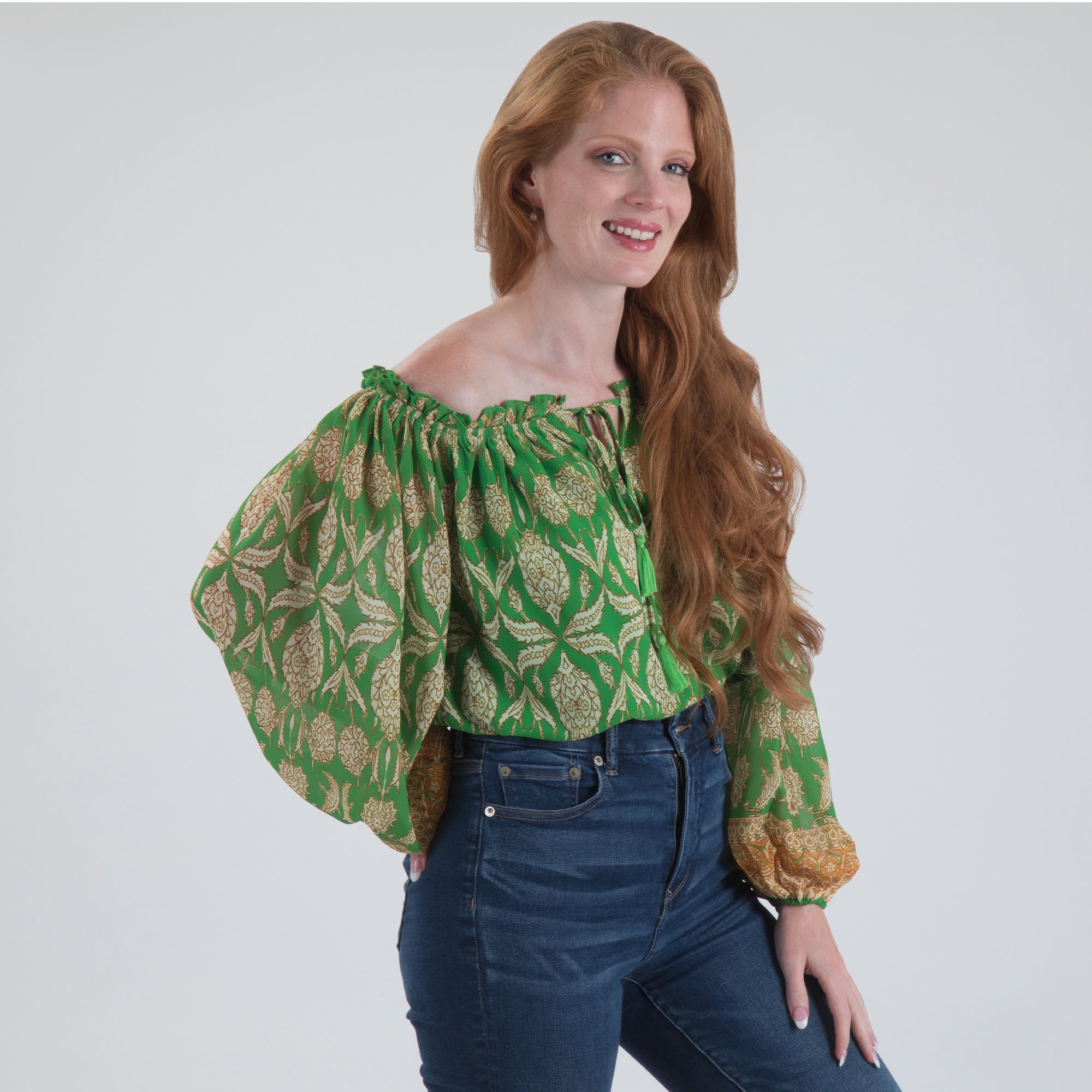 Off-the-Shoulder Concentric Design Top - Green - S