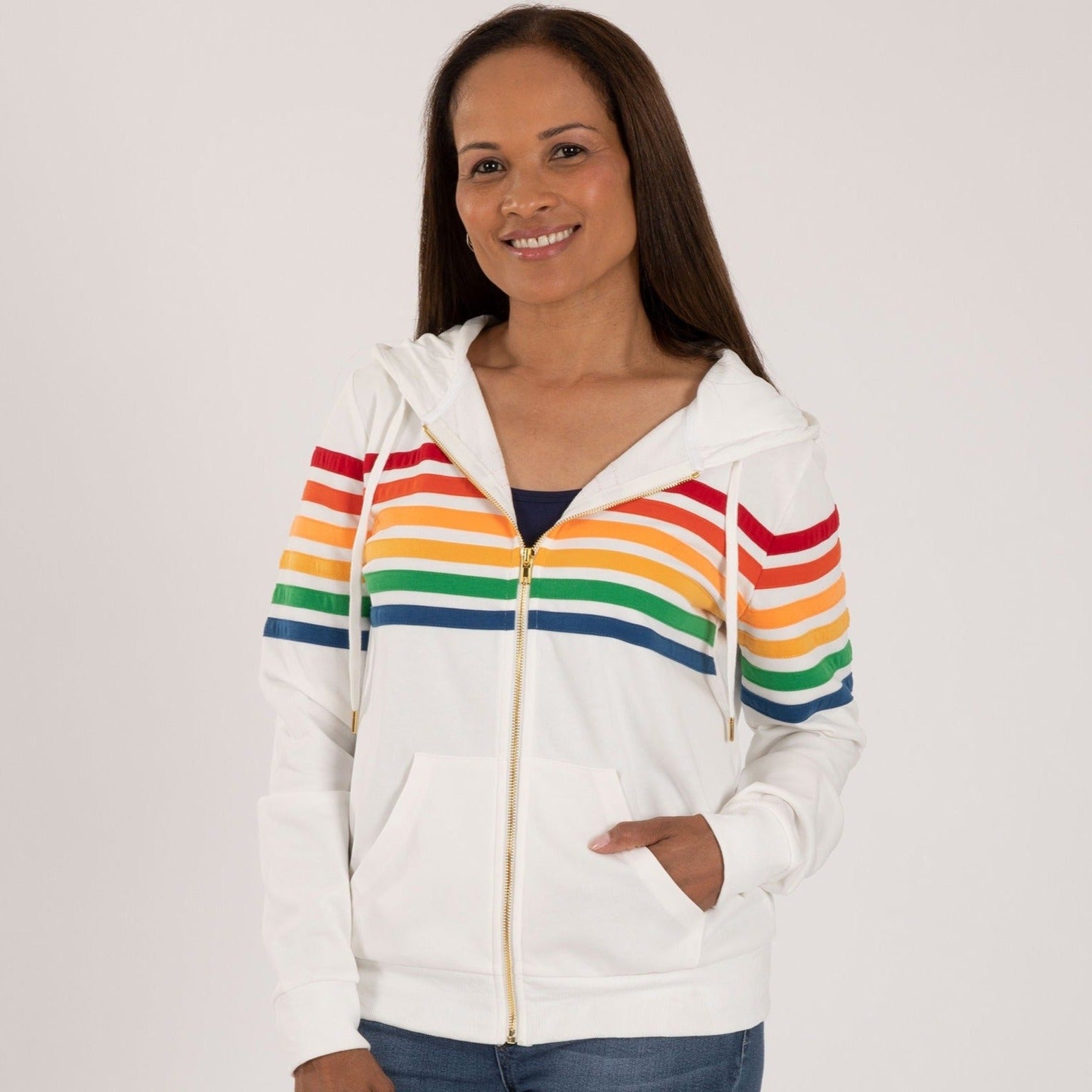 Retro Stripe Zip Up Hoodie - White - L