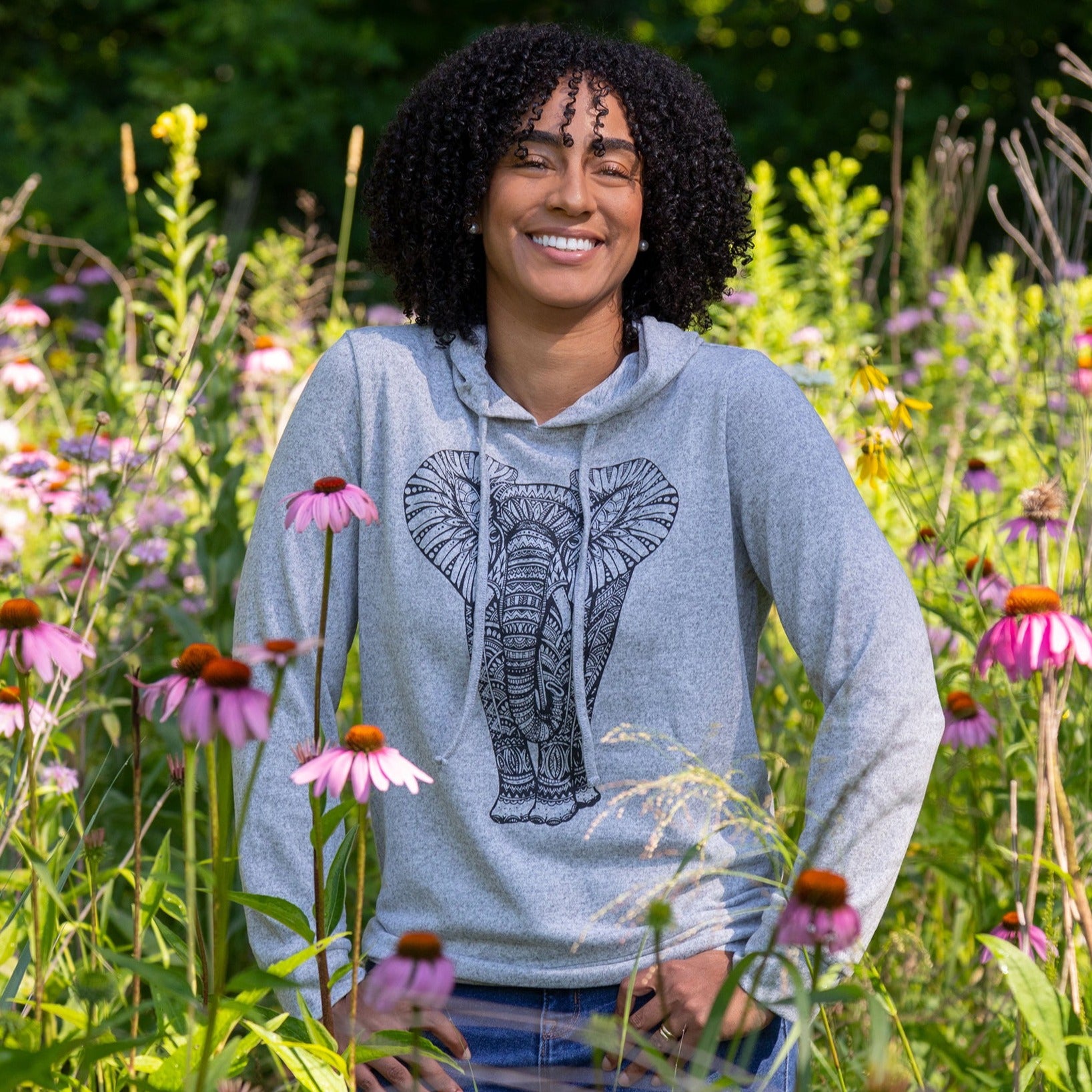 Adorable Print Terry Hoodie - Henna Elephant - 1X