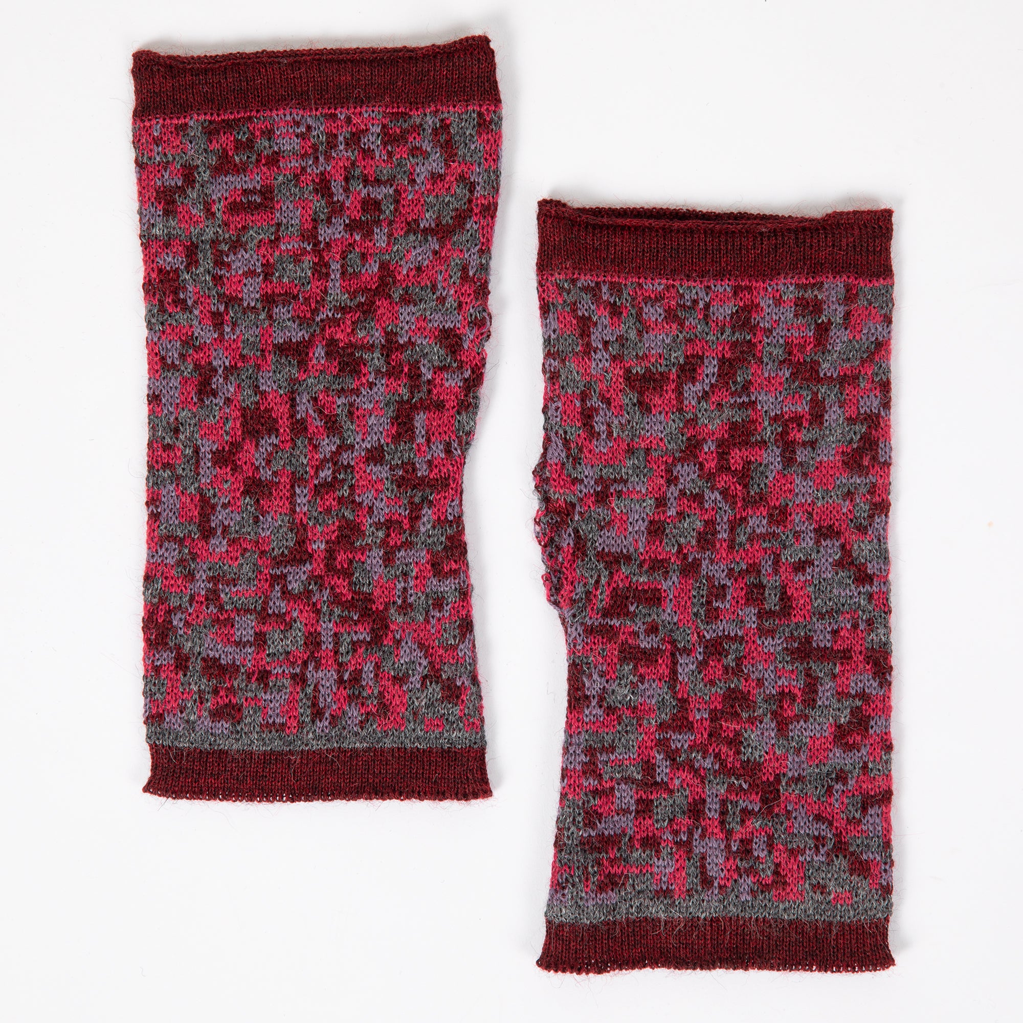 Small Squares Baby Alpaca Fingerless Mittens - Red