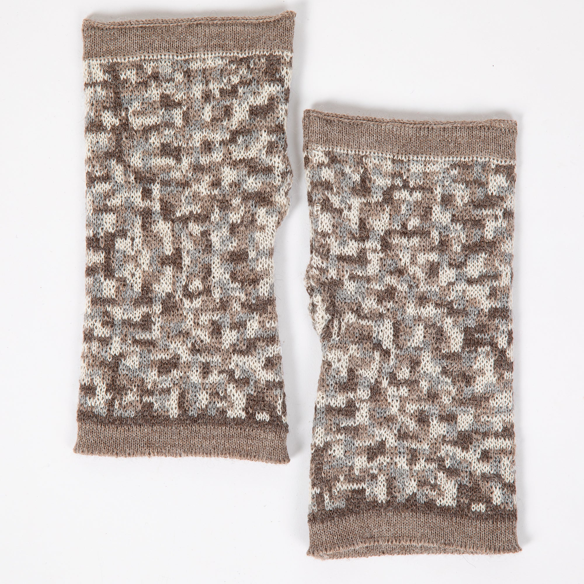 Small Squares Baby Alpaca Fingerless Mittens - Brown