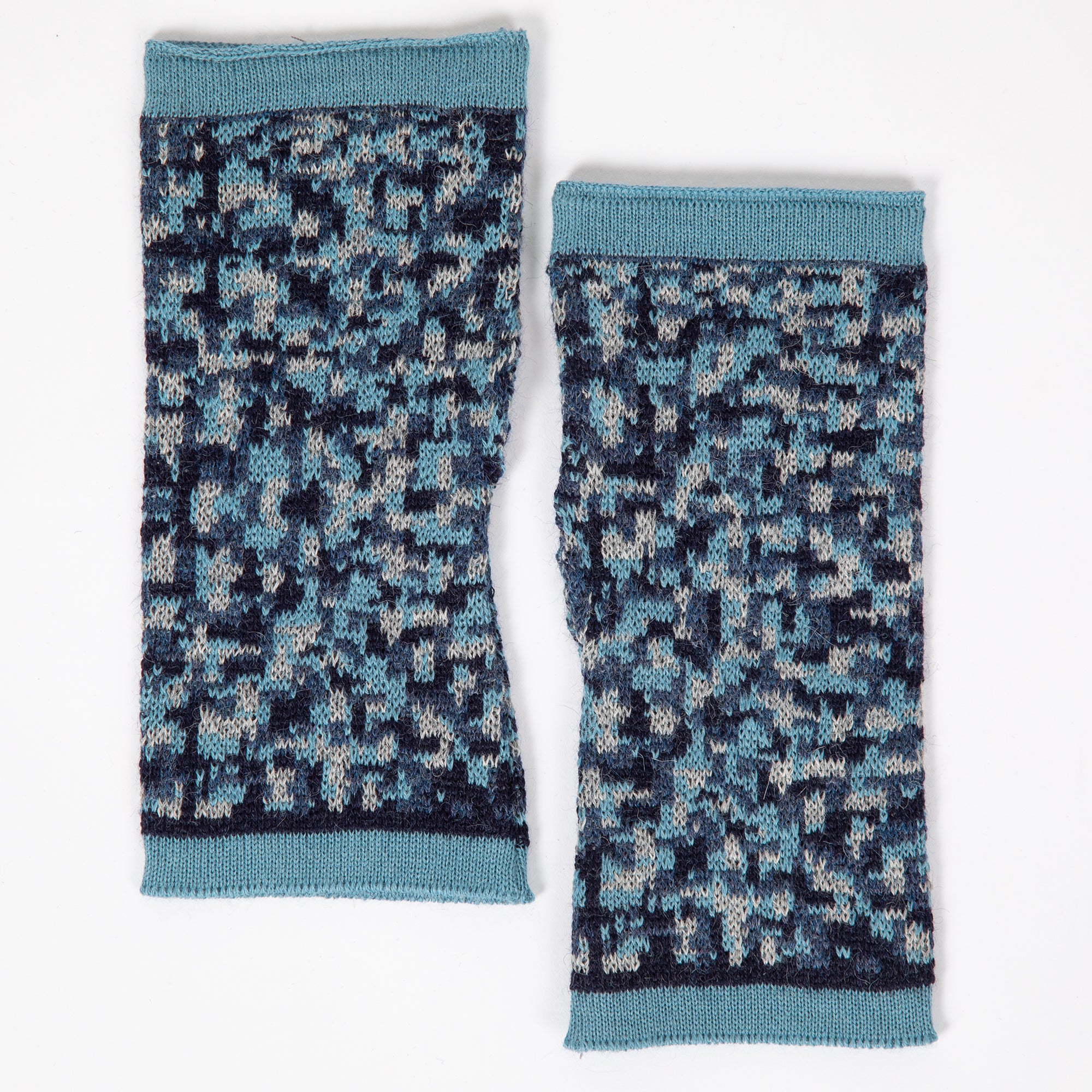 Small Squares Baby Alpaca Fingerless Mittens - Blue