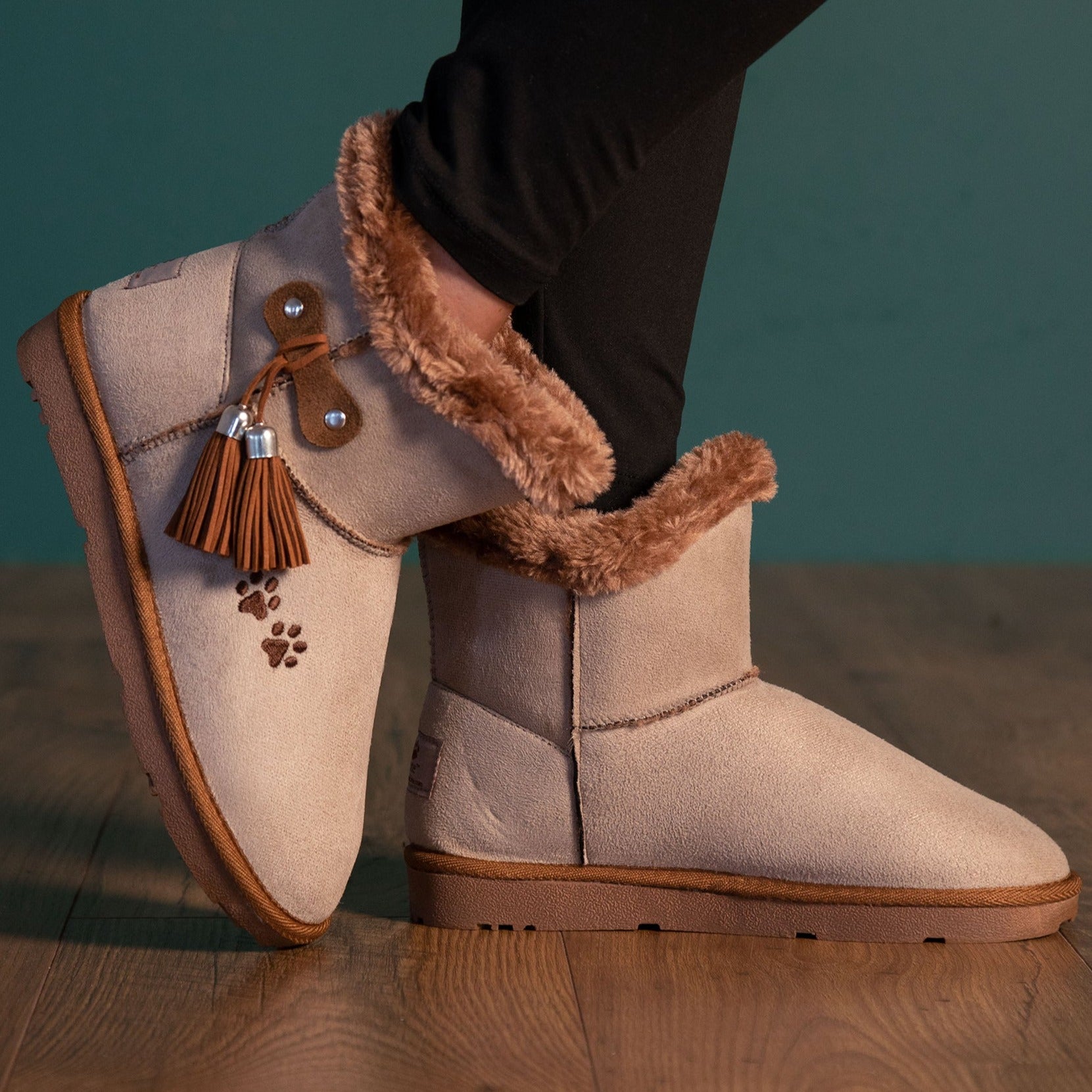 Paw Print Faux Suede Boots With Tassels - Tan - 6
