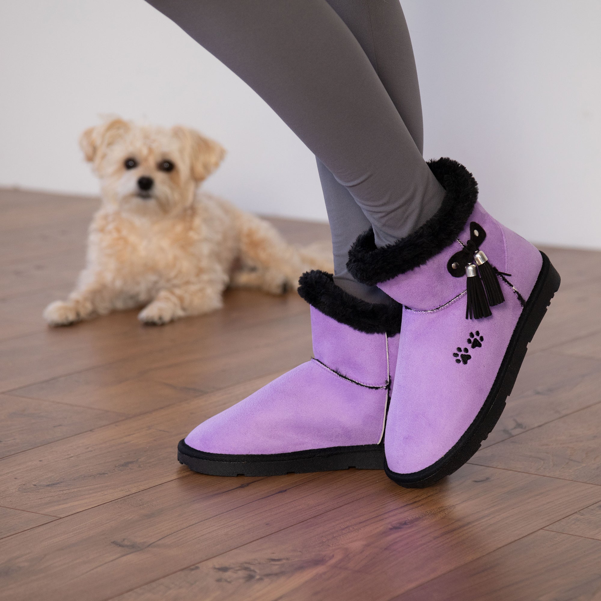 Paw Print Faux Suede Boots With Tassels - Purple - 9