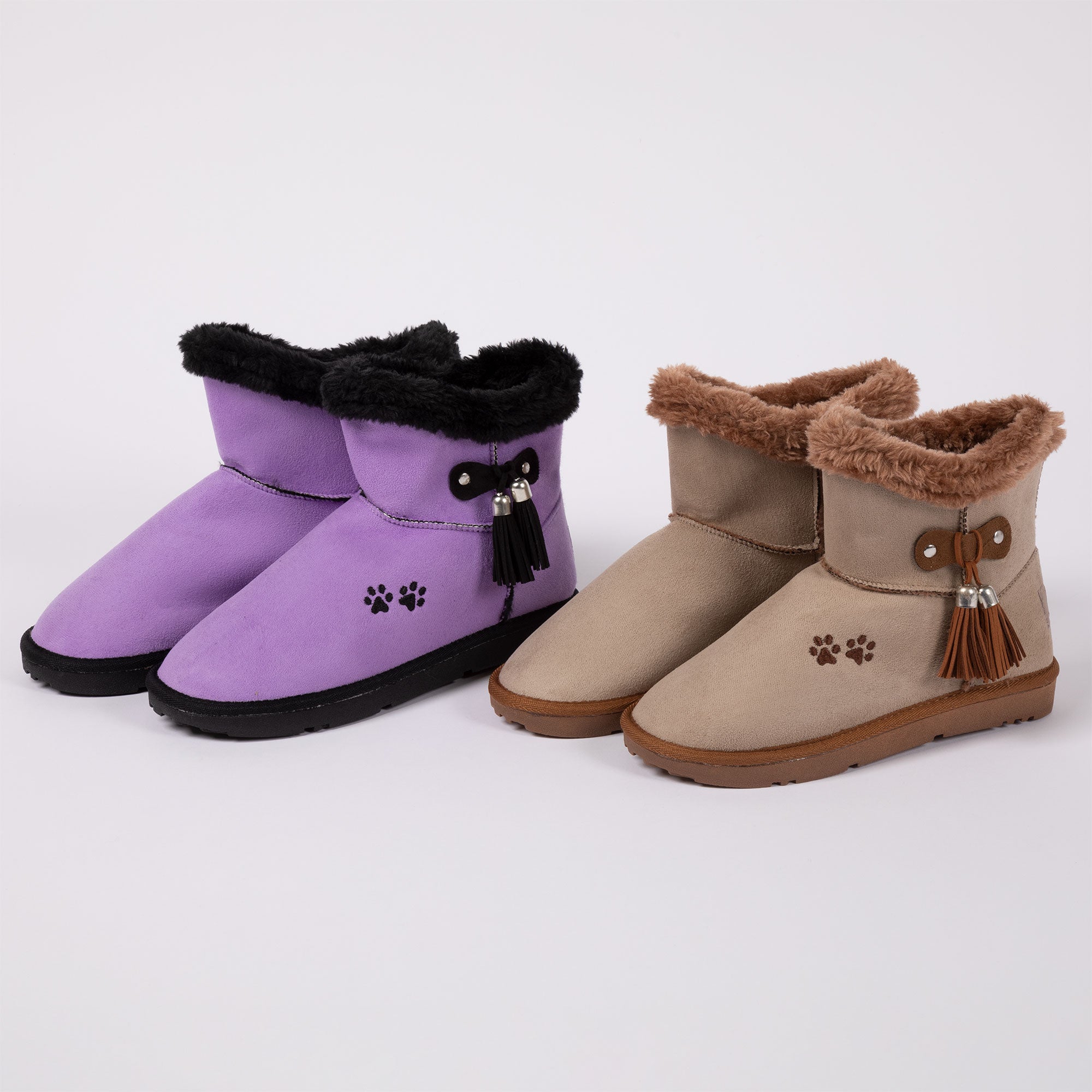 Paw Print Faux Suede Boots With Tassels - Purple - 7
