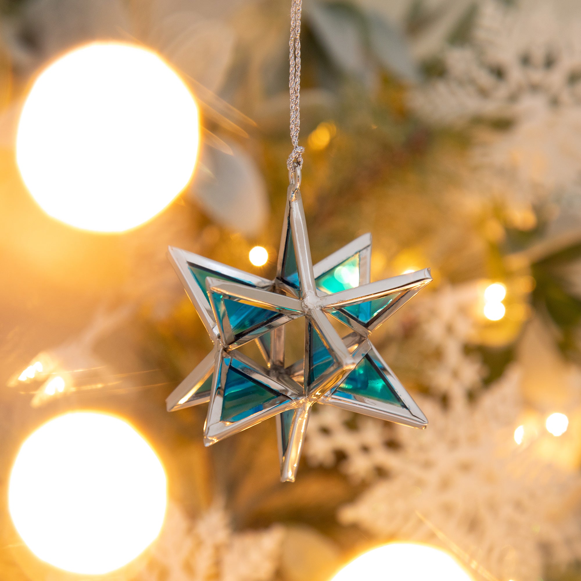 Glass Moravian Star Ornament - Medium - Blue & Green