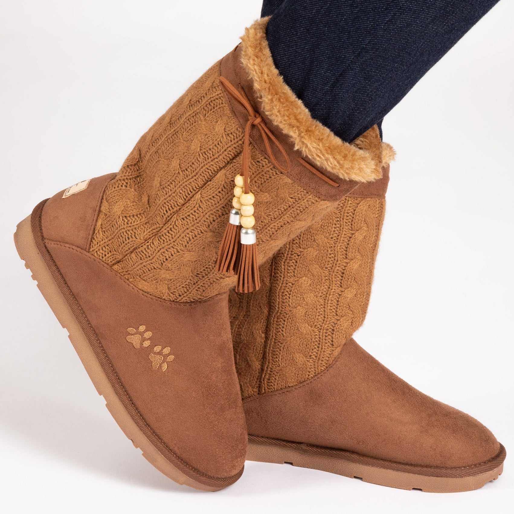 Paw Print Tall Knitted Boots With Beaded Tassels - Tan - 10