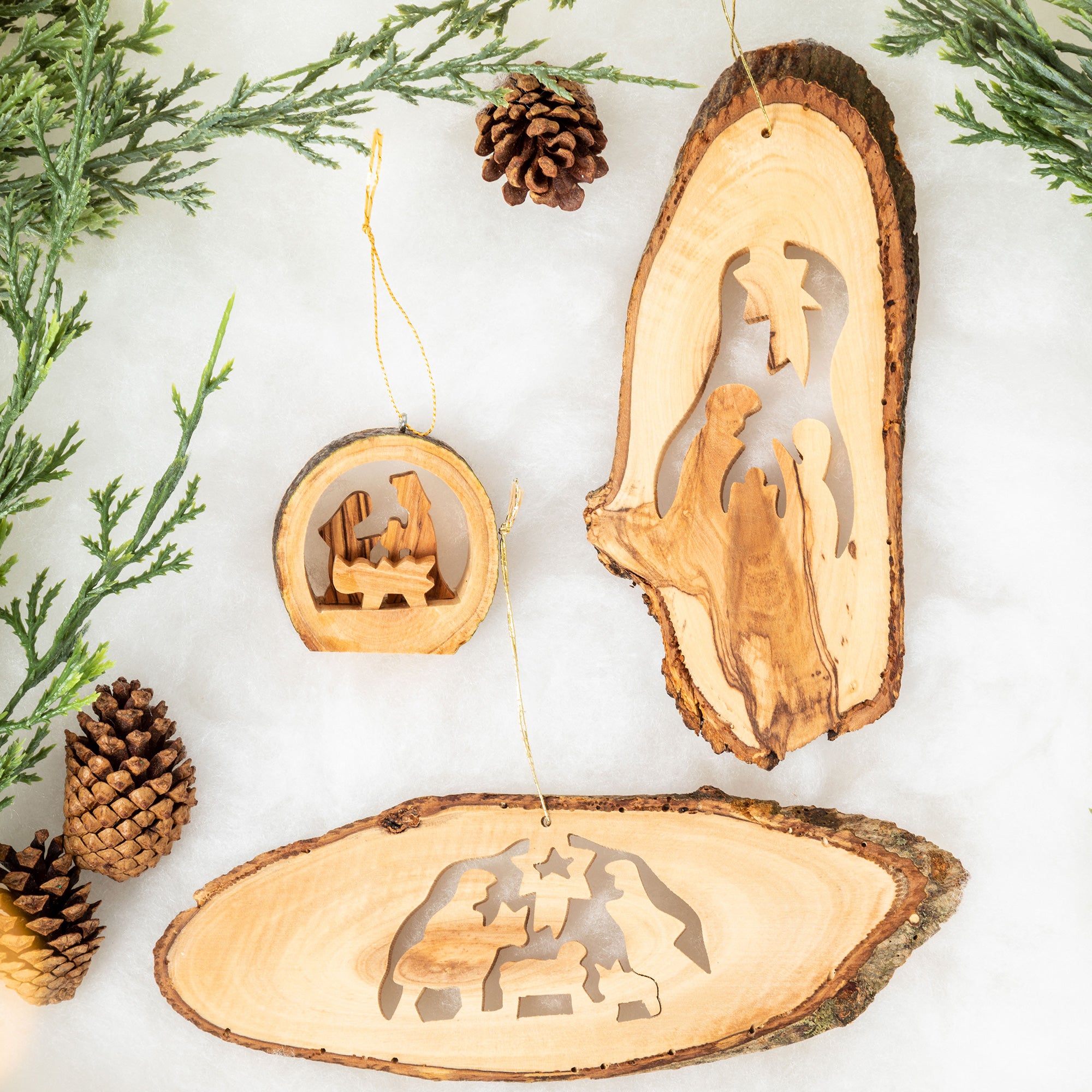Olive Wood Bark Ornament - Nativity With Camels Closed Star