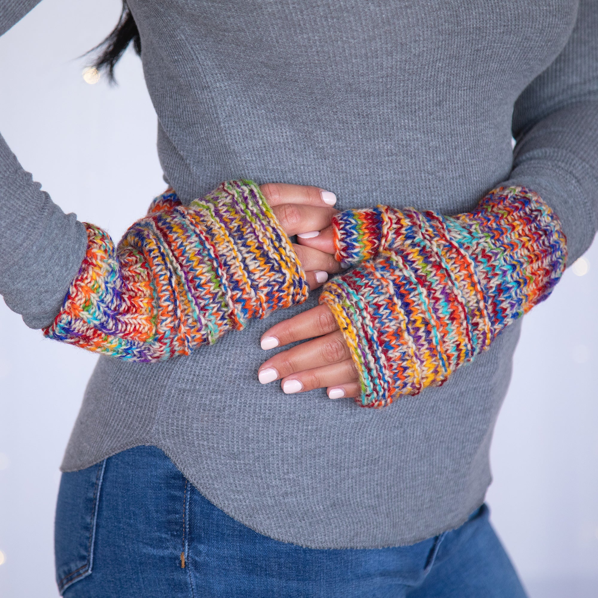 Space-Dye Hand Knit Wool Hand Warmers - Natural