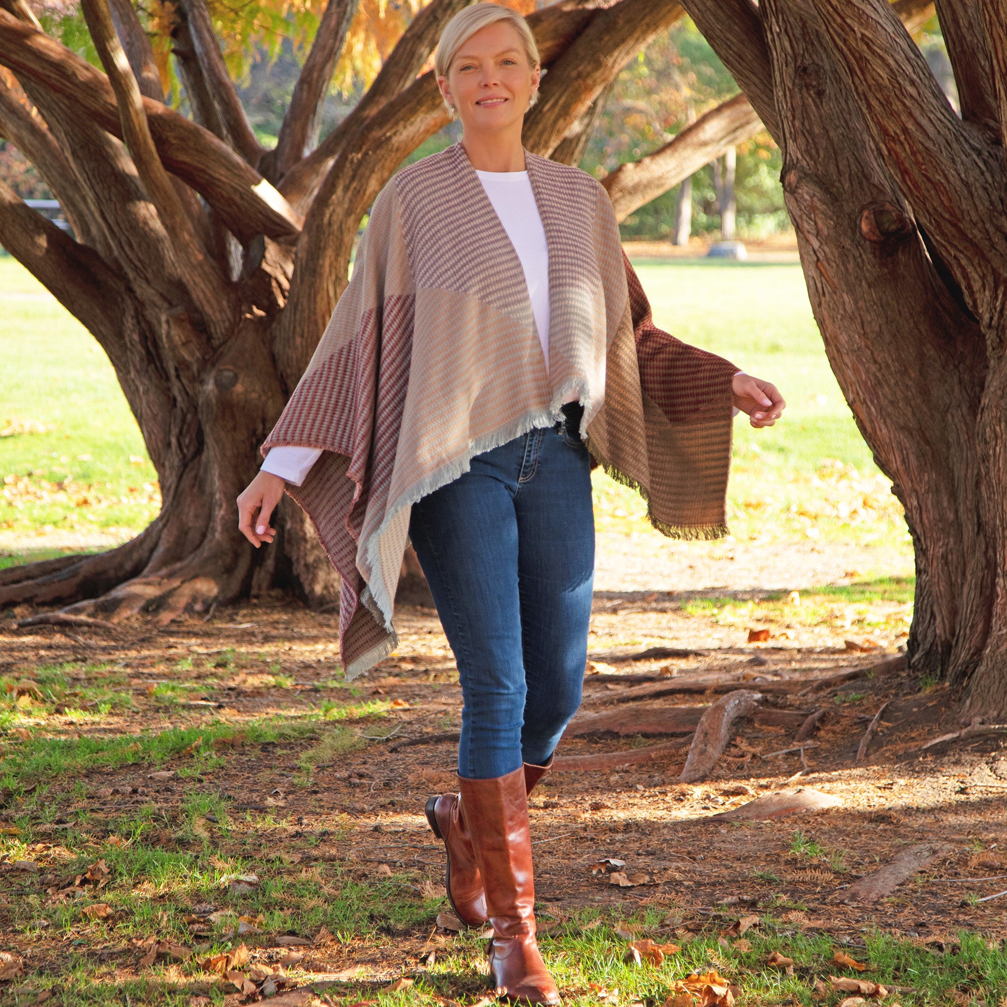 Wrapped In Style Poncho - Khaki & Red