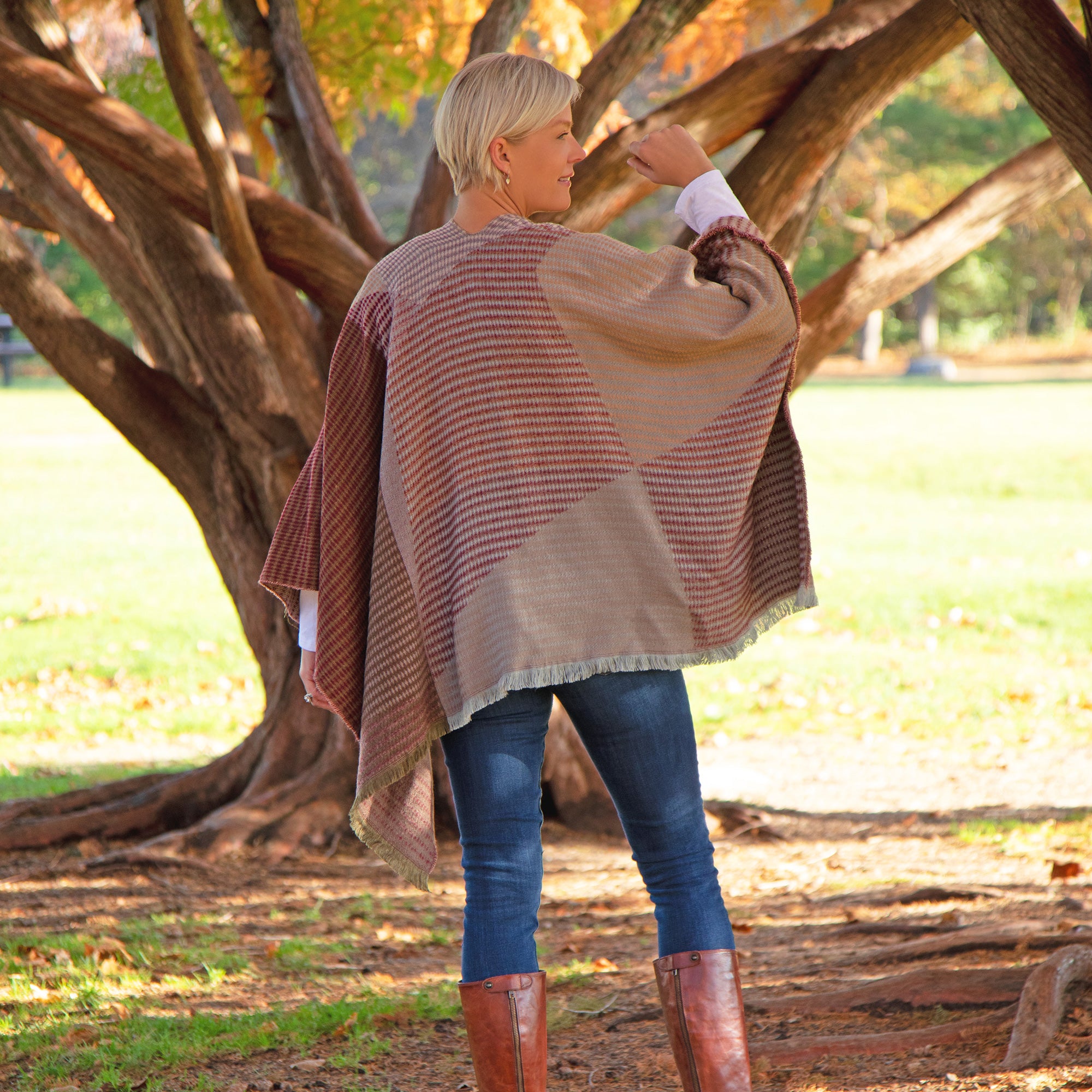 Wrapped In Style Poncho - Khaki & Red
