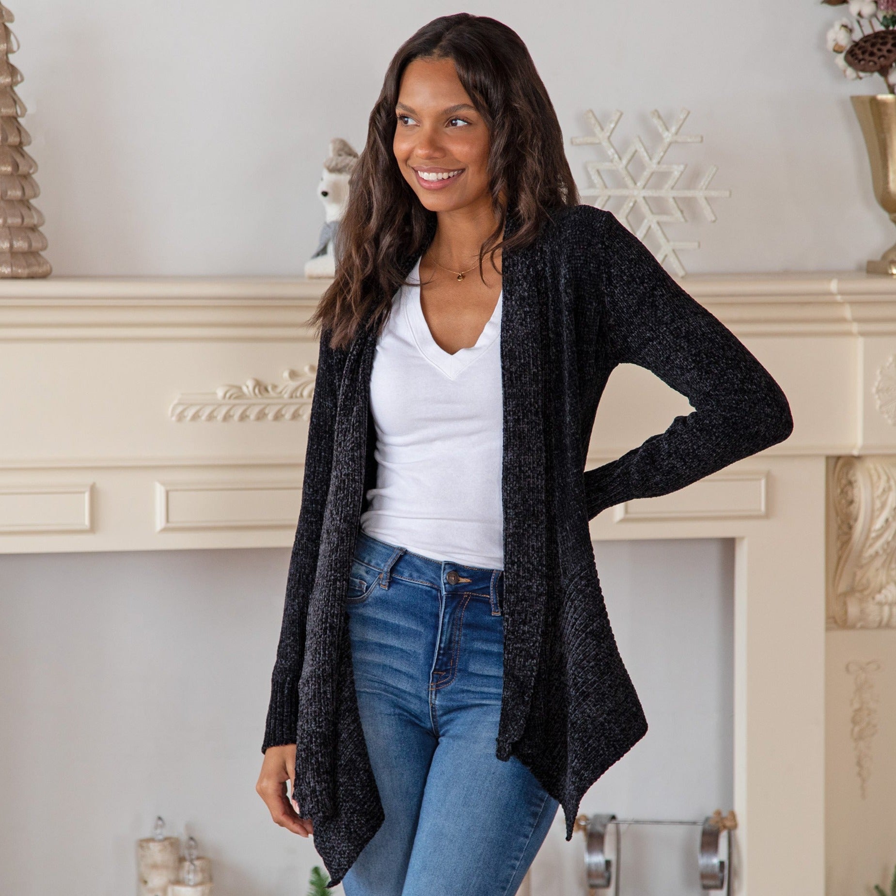 Chenille Open Cardigan - Charcoal Gray - M