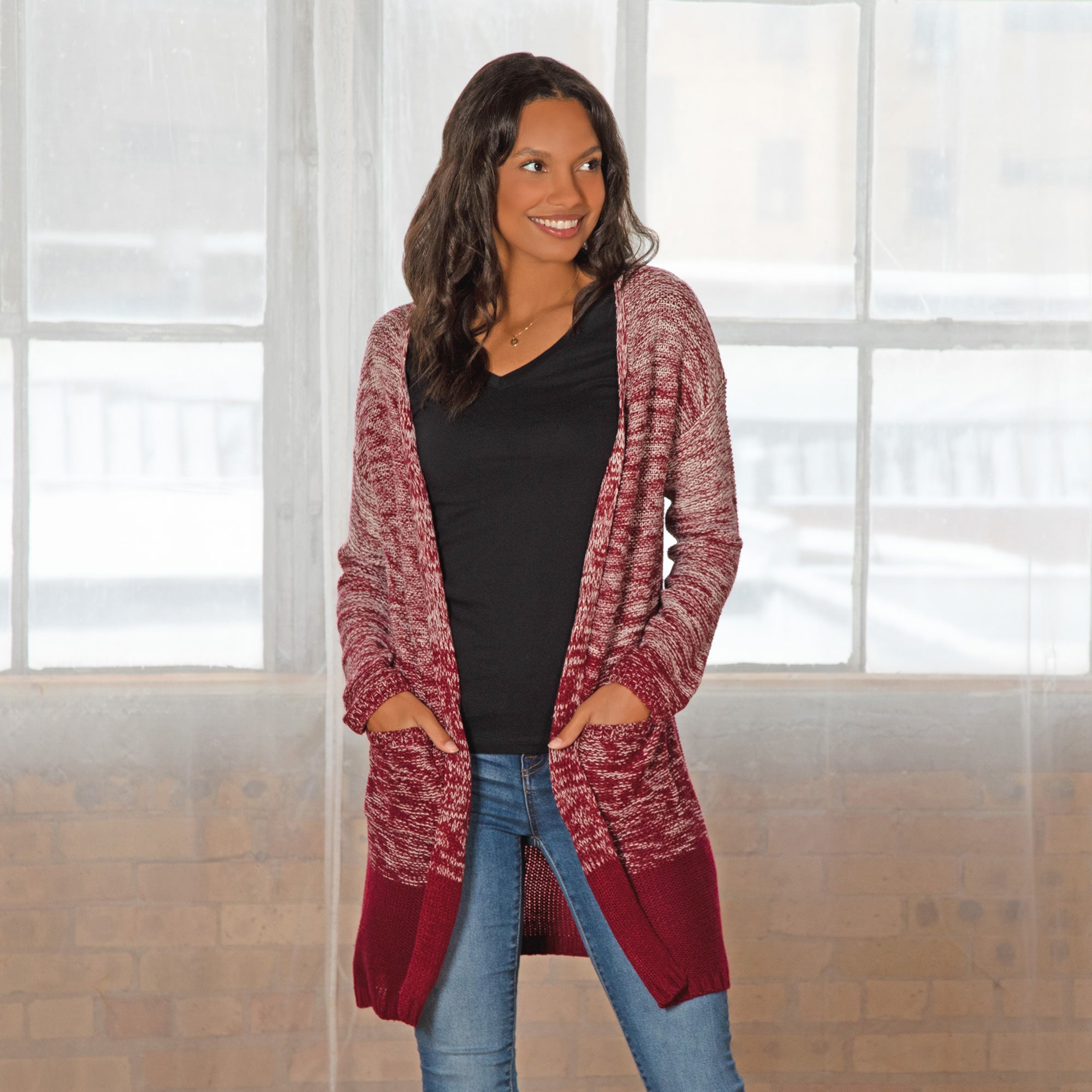 Ombre Knitted Open Cardigan - Maroon And White - M