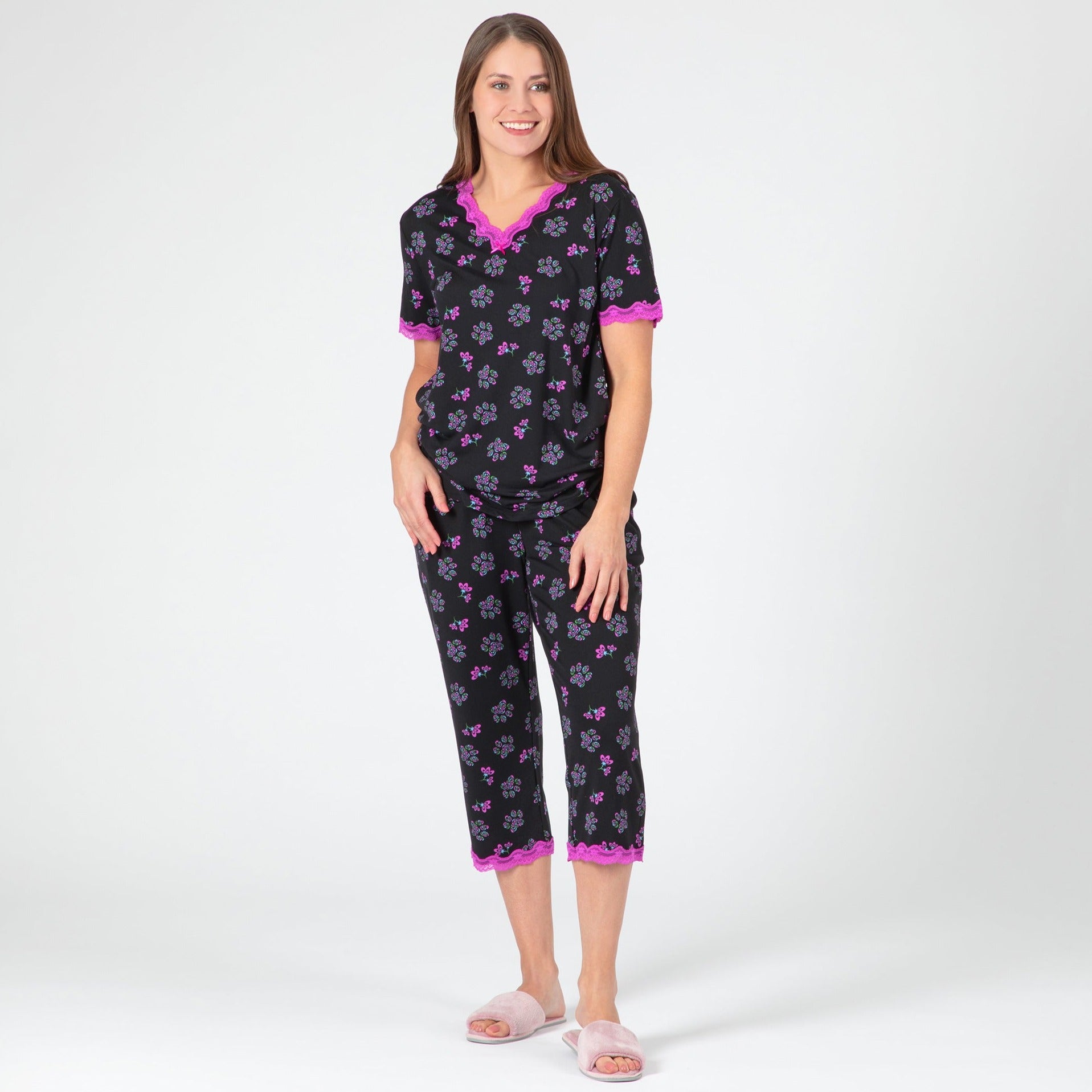 Flowers & Swirls Paw Prints Soft Touch Pajamas - V-Neck & Capri Set - S