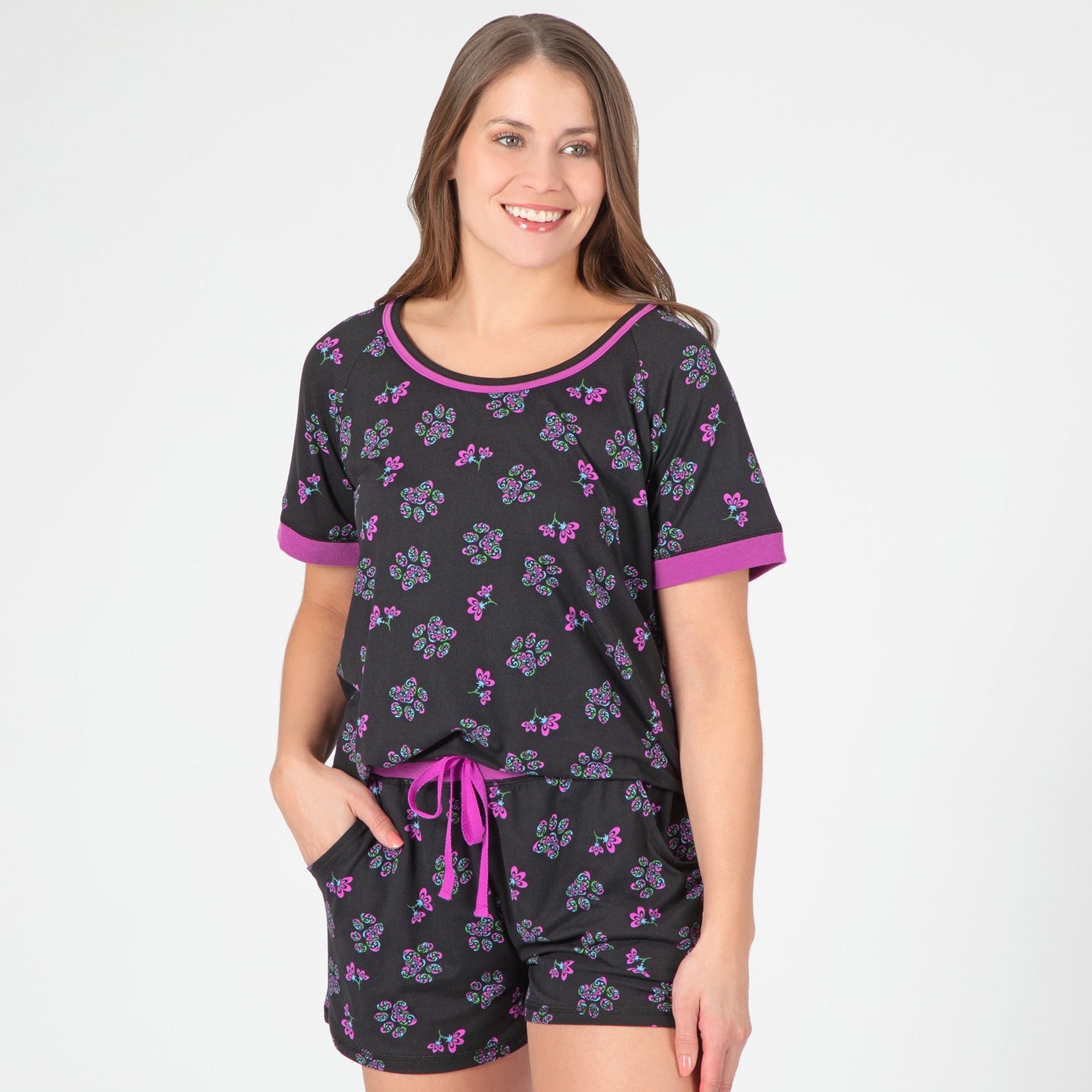 Flowers & Swirls Paw Prints Soft Touch Pajamas - Short Sleeve Tee & Short Set - M