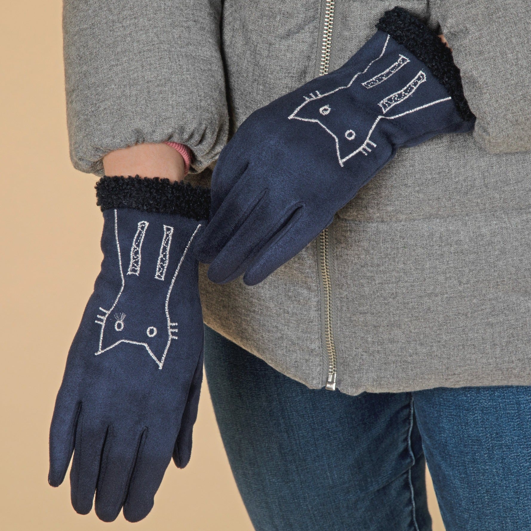 Embroidered Cat & Dog Touch Screen Gloves - Cat - Navy