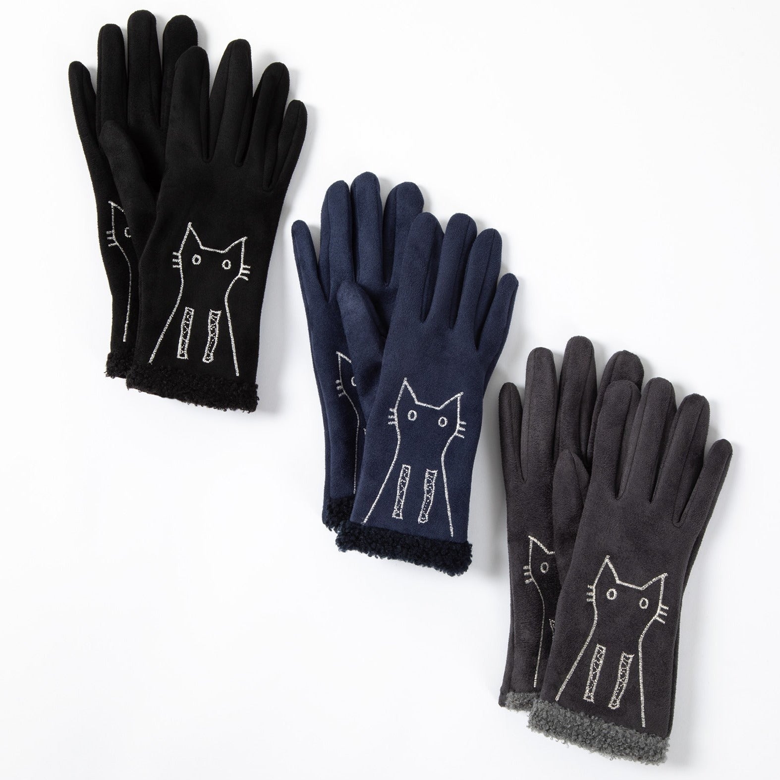 Embroidered Cat & Dog Touch Screen Gloves - Dog - Gray