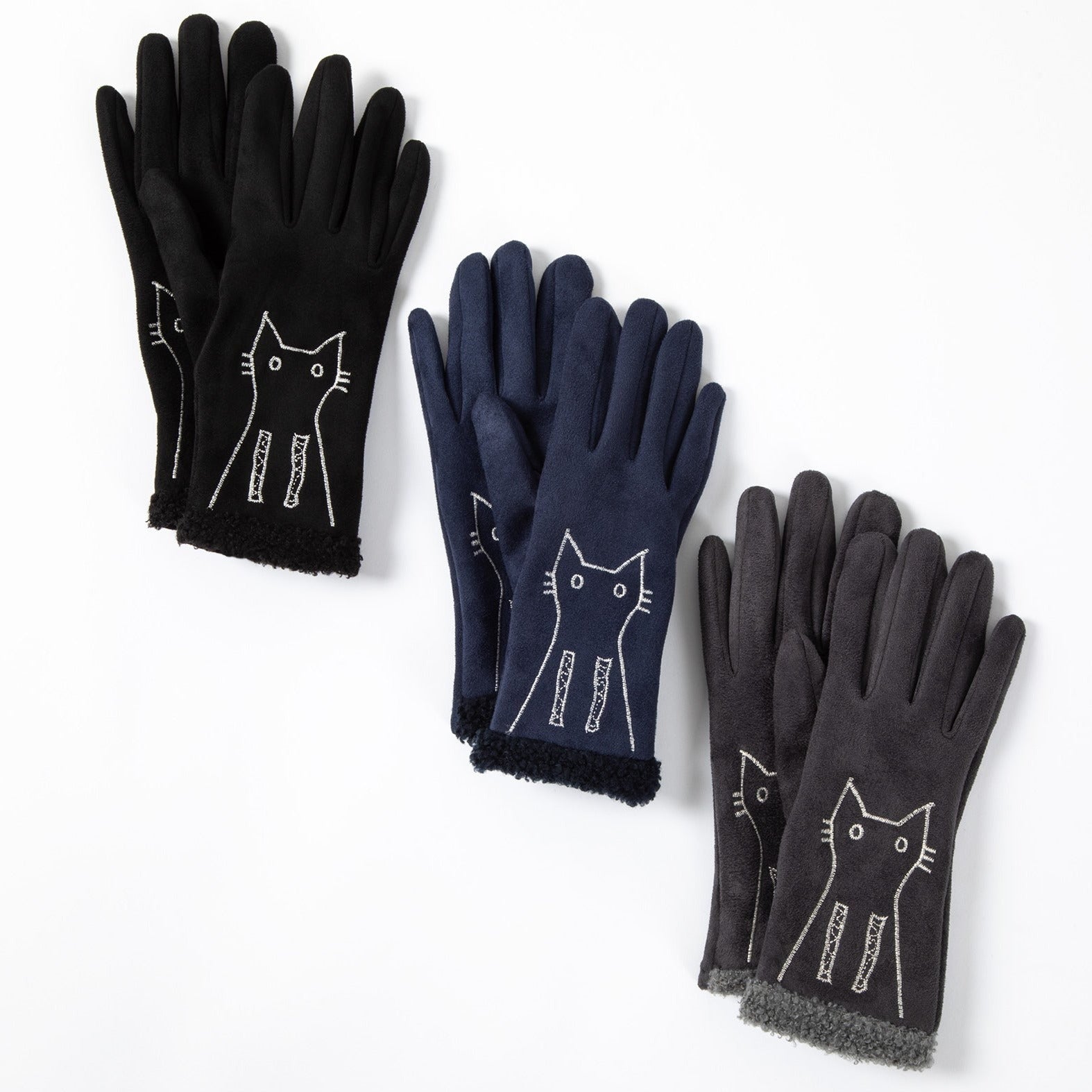 Embroidered Cat & Dog Touch Screen Gloves - Dog - Black