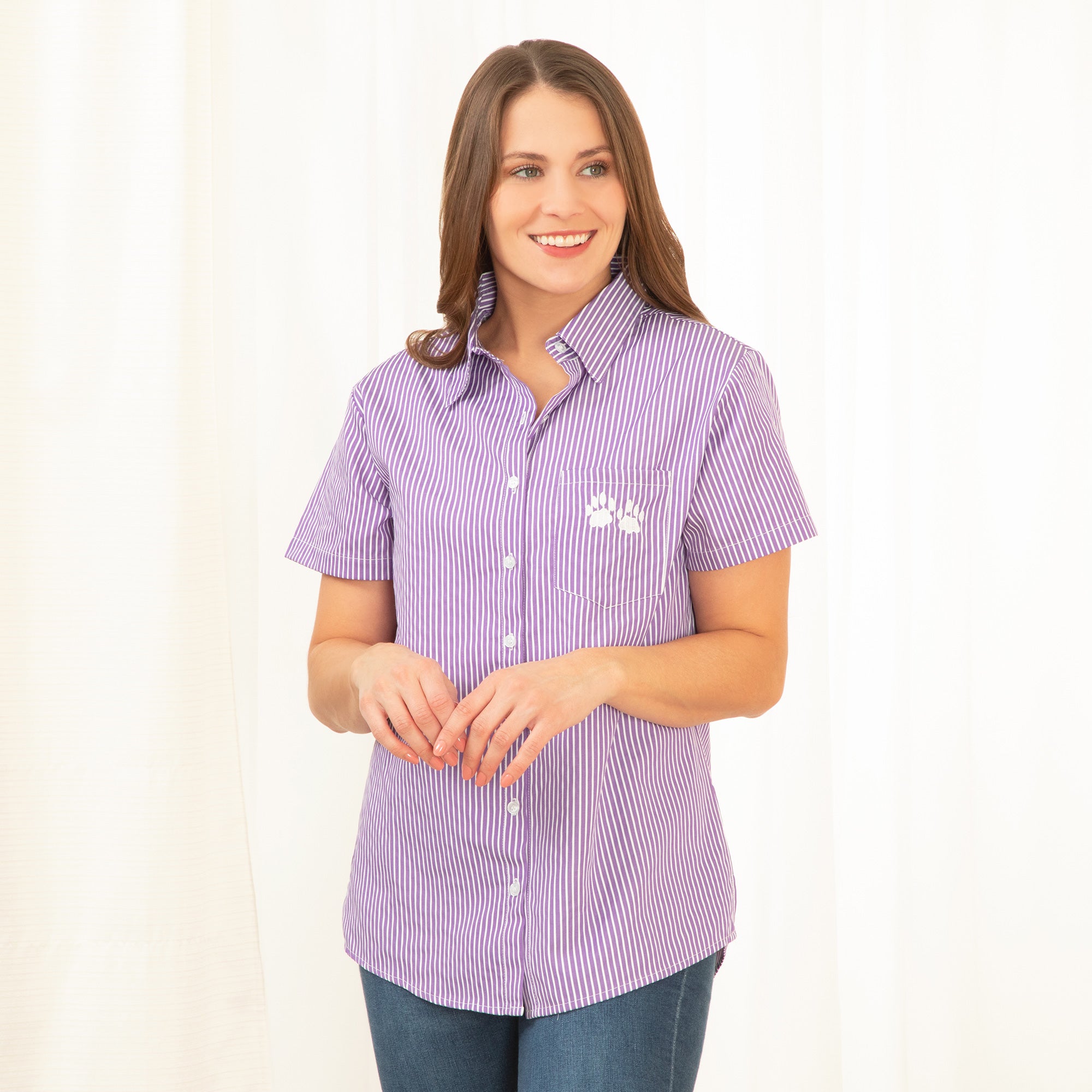 Pinstripe Pet Short Sleeve Button Up Shirt - Purple - Paw - L