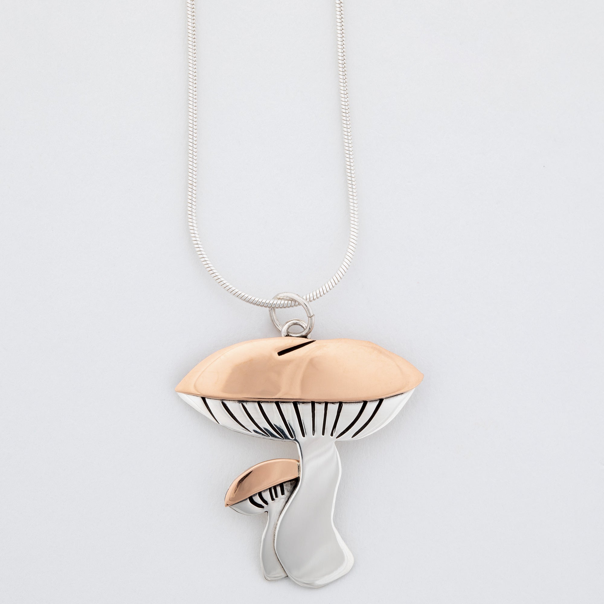Mushroom Sterling & Copper Necklace - With Snake Chain