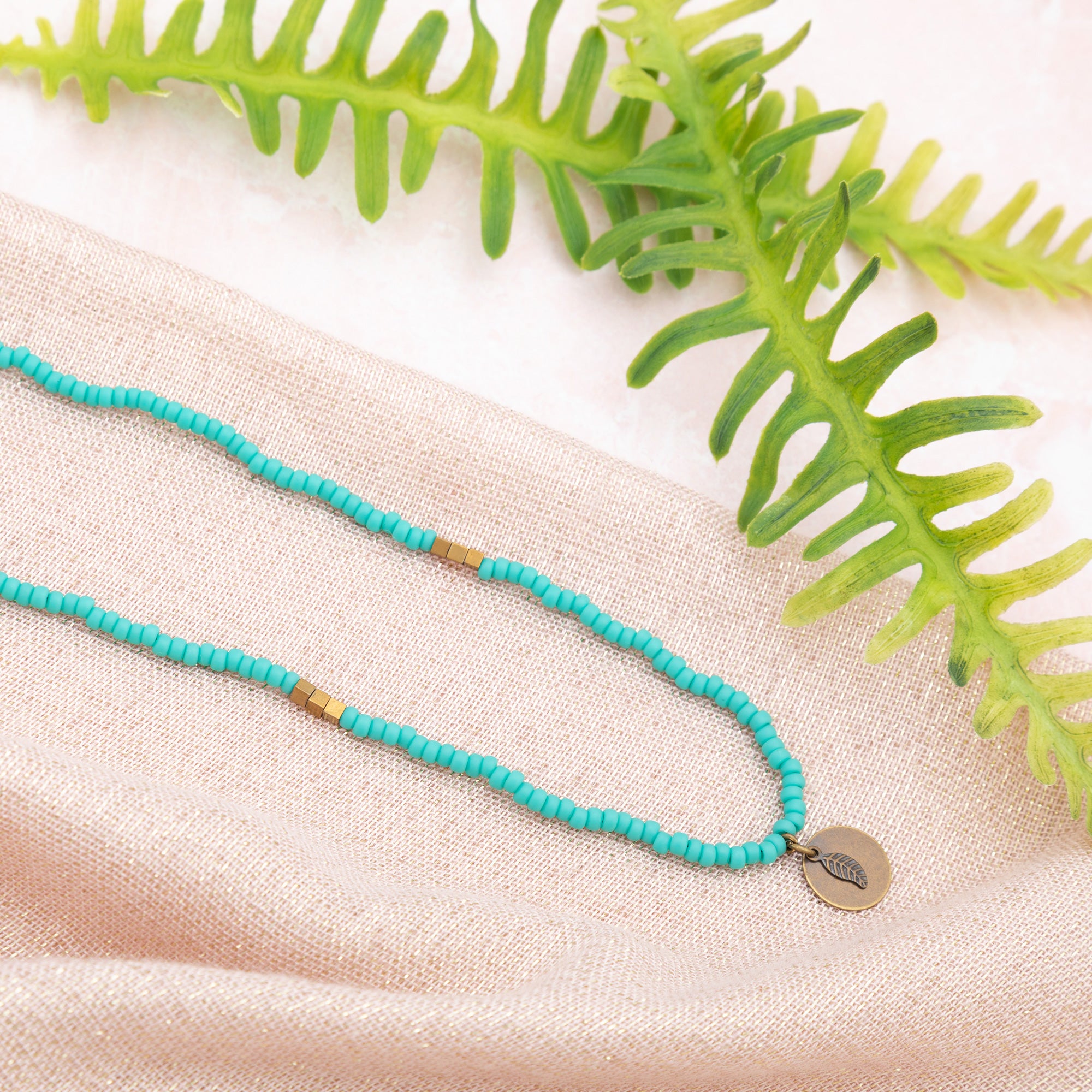 Iraqi Leaf Charm Beaded Necklace - Turquoise
