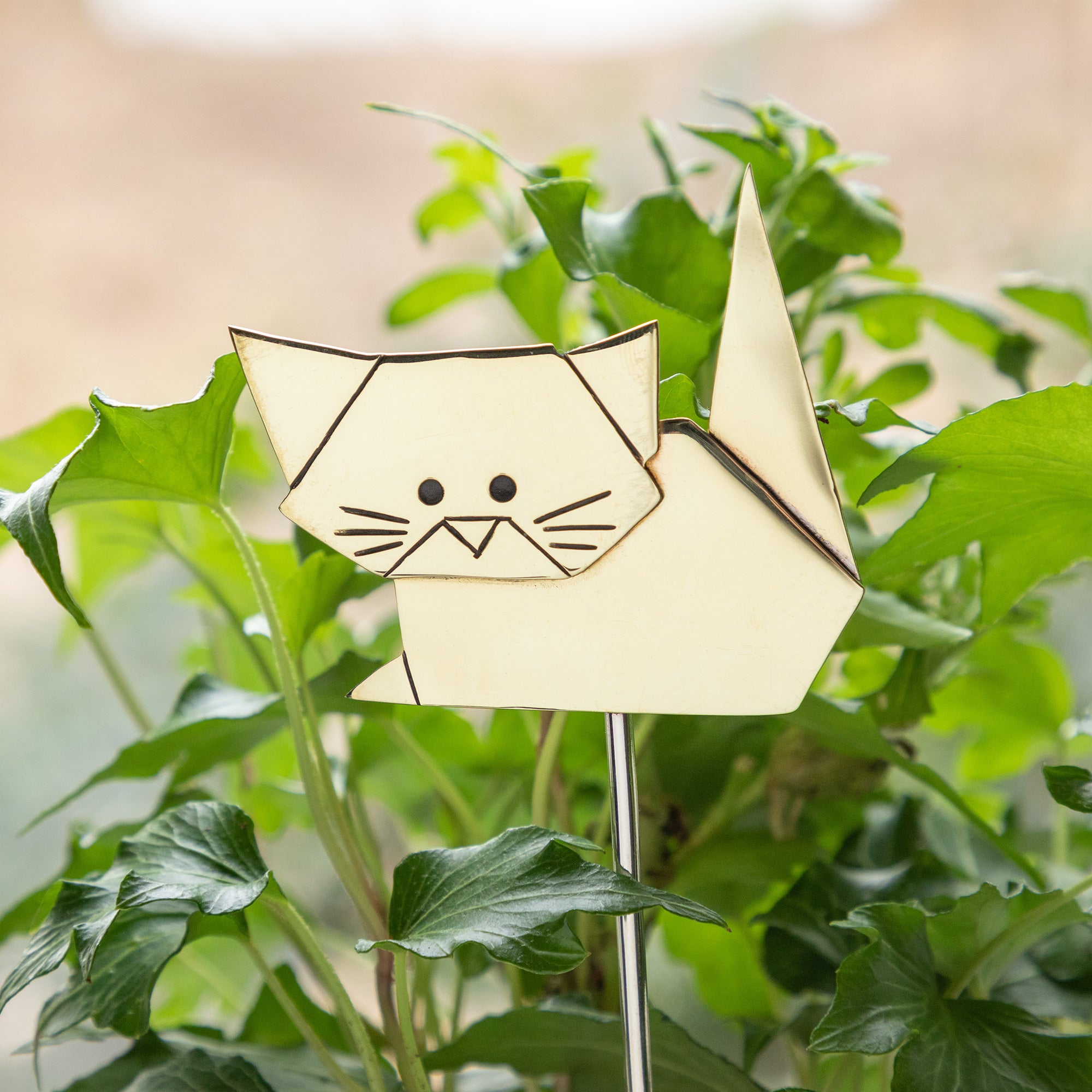 Origami Cat Mixed Metal Plant Stake - Sitting