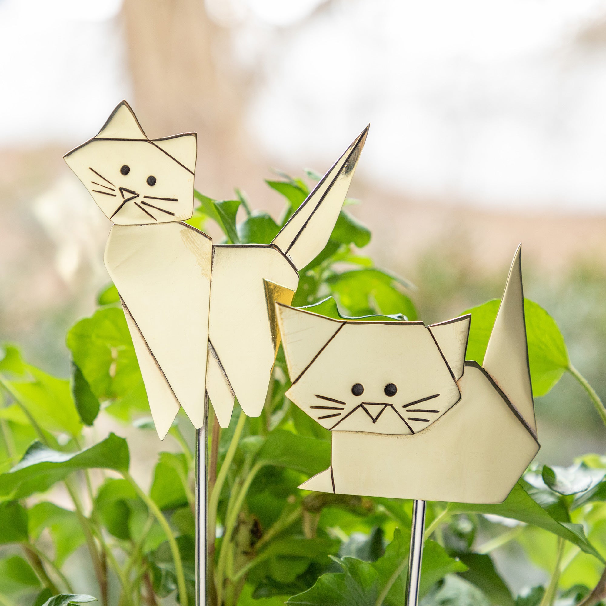 Origami Cat Mixed Metal Plant Stake - Standing