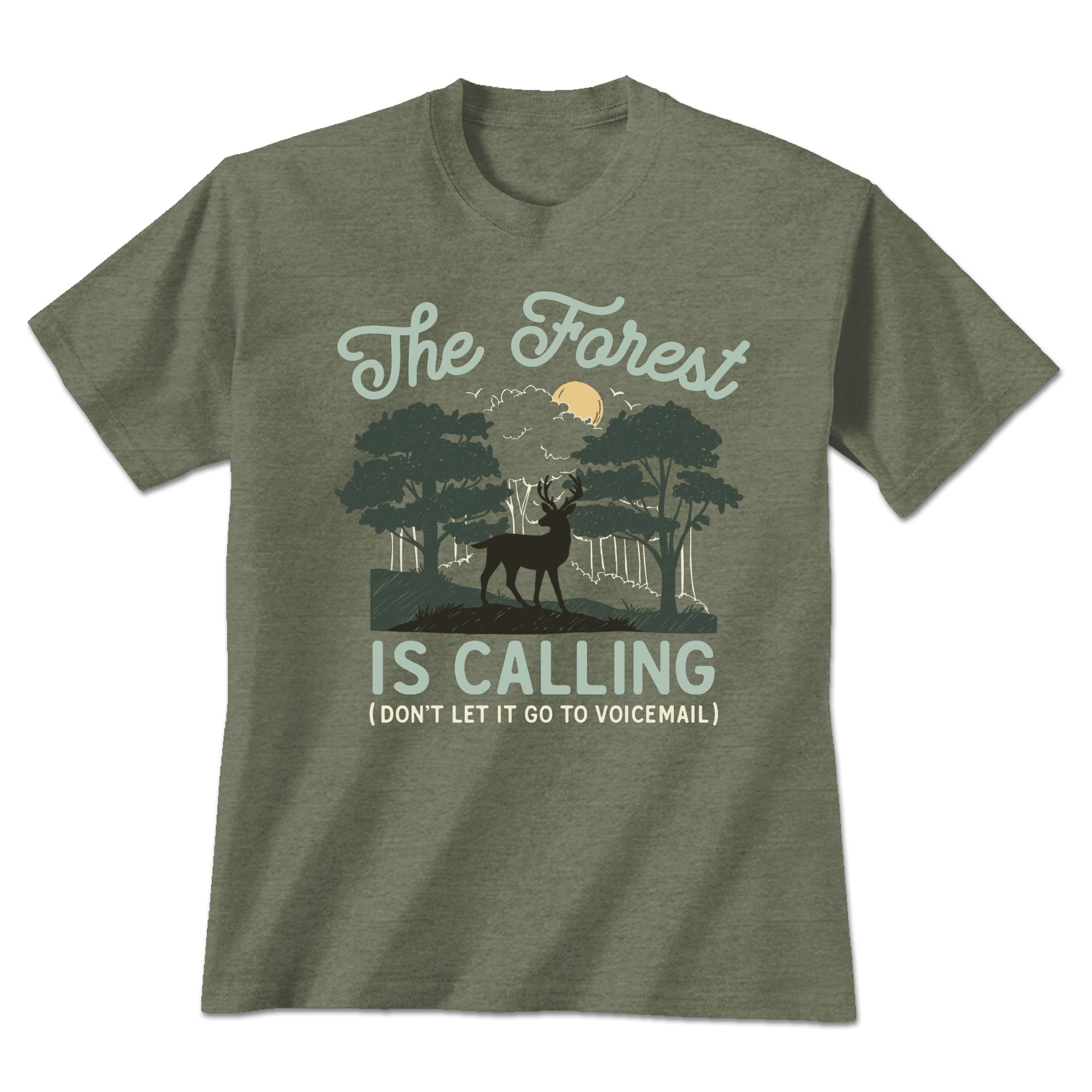 Earth Sun Moon The Forest Is Calling T-Shirt - Heather Military Green - XL