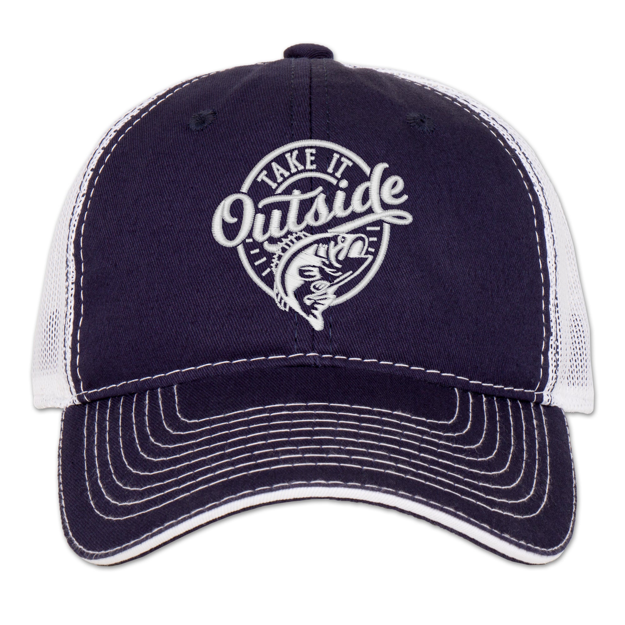 Earth Sun Moon Take It Outside: Fish Embroidered Trucker Hat - Navy/White - Adjustable