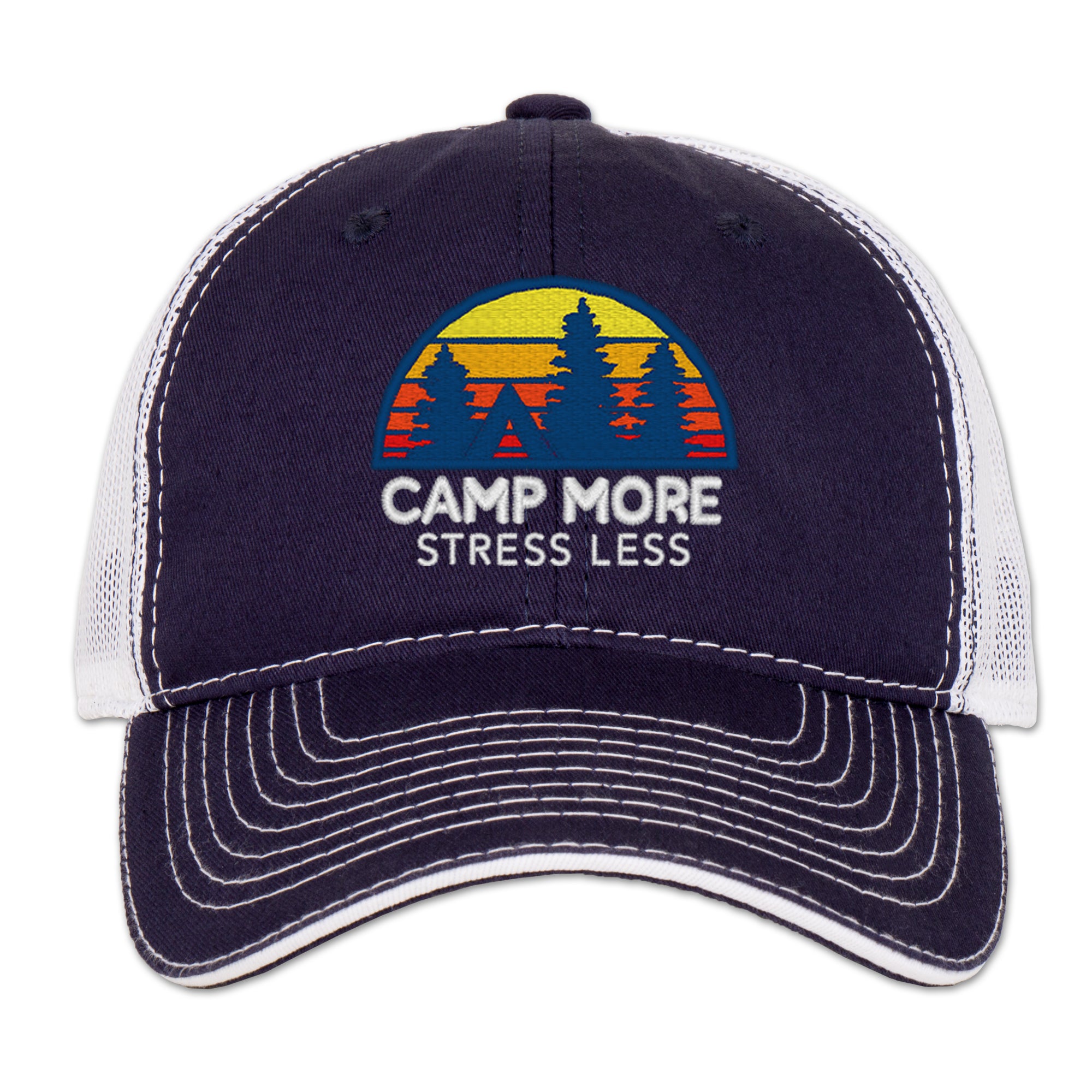Earth Sun Moon Camp More Stress Less Trucker Hat - Navy/White - Adjustable
