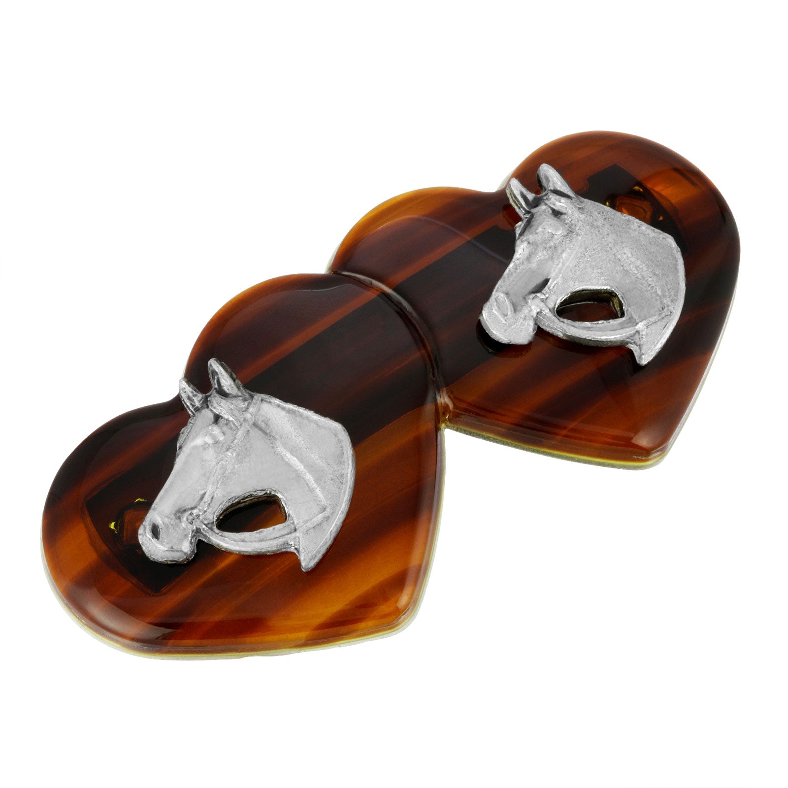 Silver Tone Brown Tortoise Heart Barrette With Horse Heads