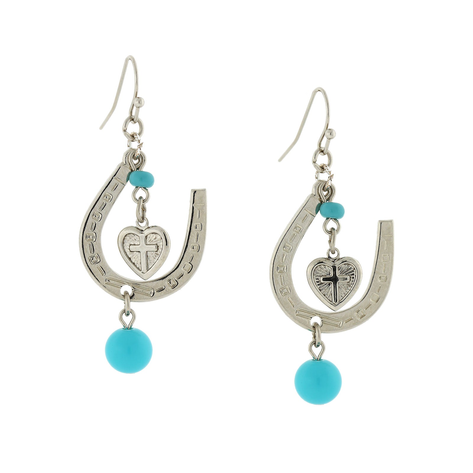 Silver-Tone Imitiation Turquoise Horseshoe And Suspended Heart Drop Earrings