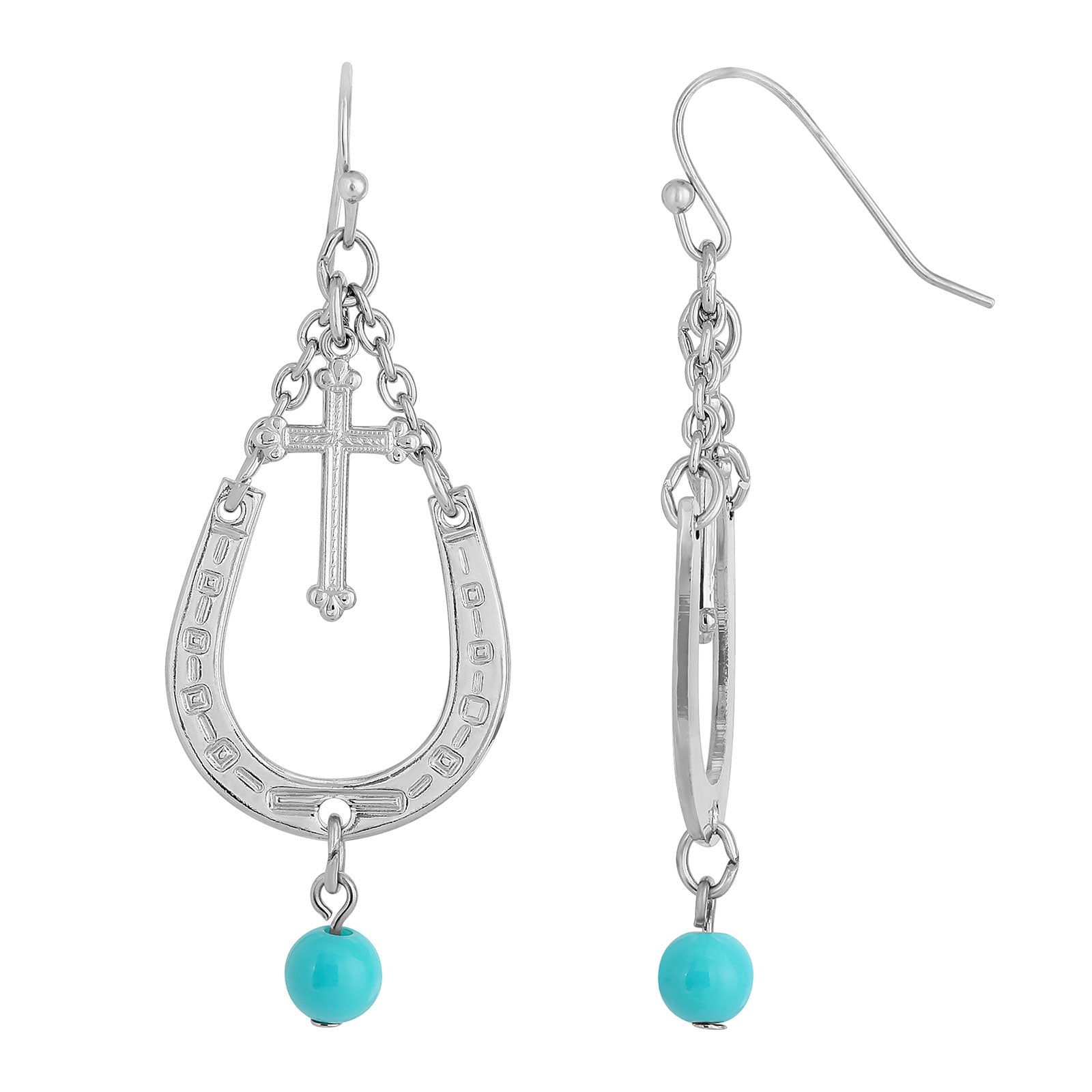 Silver-Tone with Imitation Turquoise Accent Horseshoe and Cross Drop Earrings