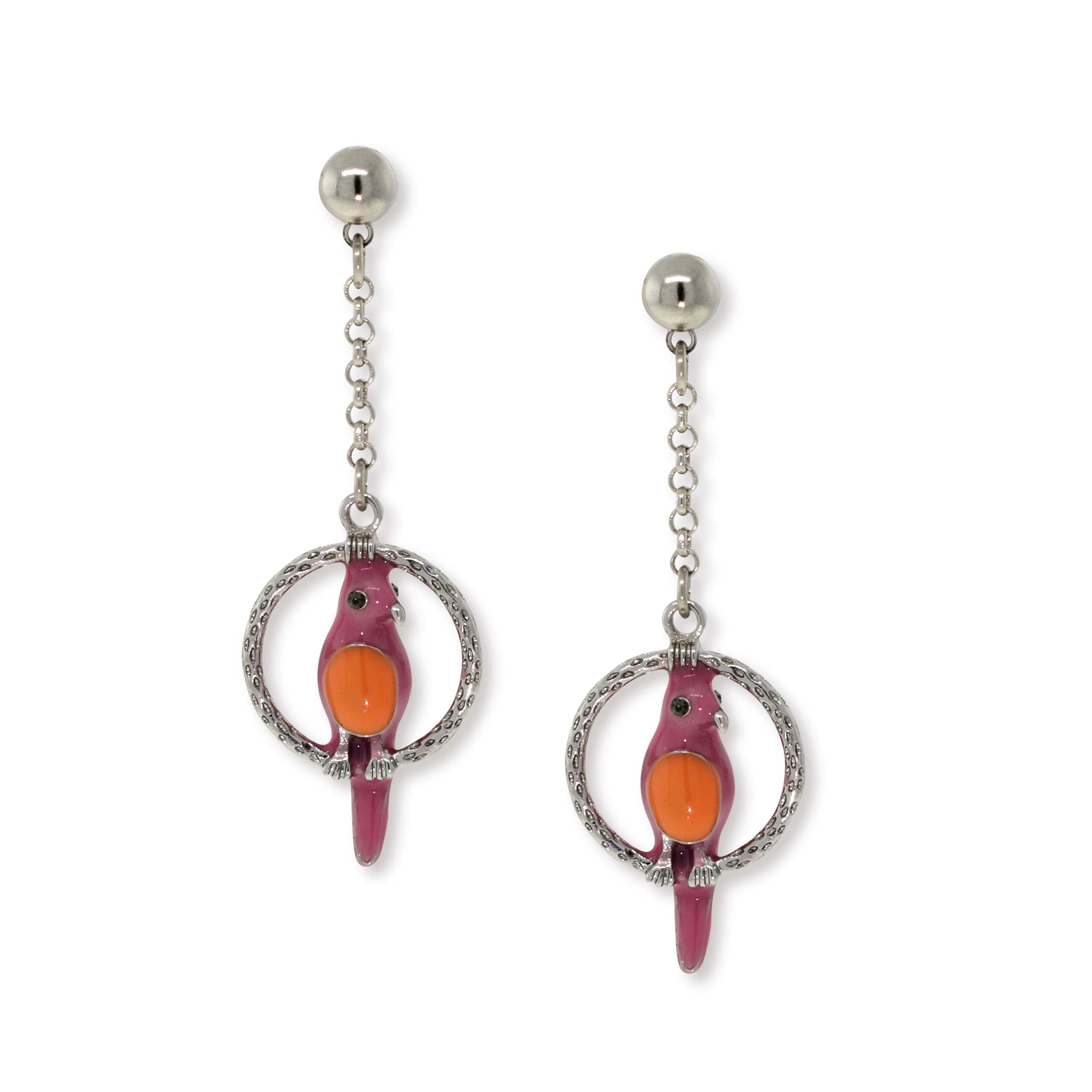 Pewter Hoops With Orange & Pink Enamel Parrot Drop Chain Earrings