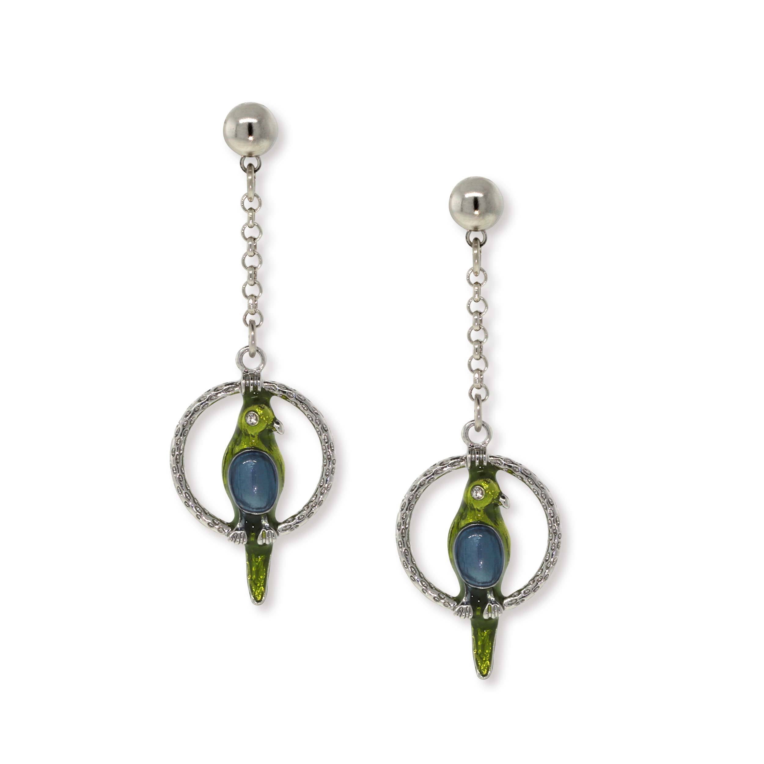 Pewter Hoops With Blue & Green Enamel Parrot Drop Chain Earrings
